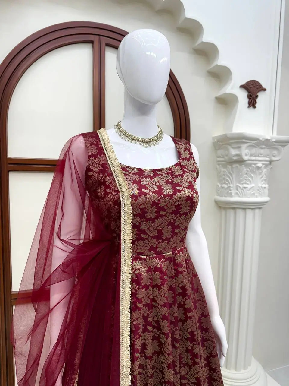 Maroon Butti Jacquard Anarkali Set