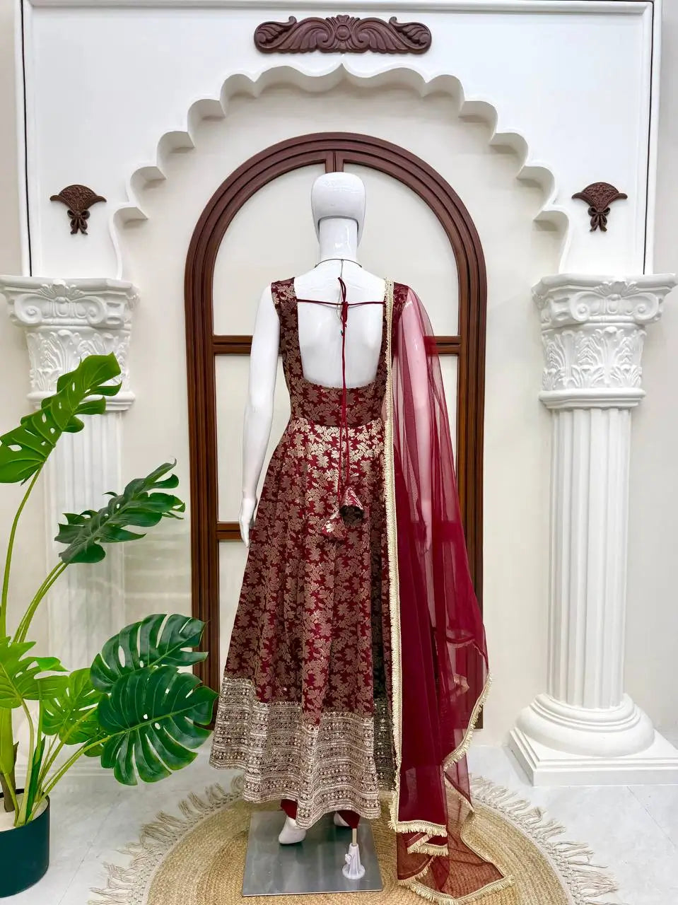 Maroon Butti Jacquard Anarkali Set