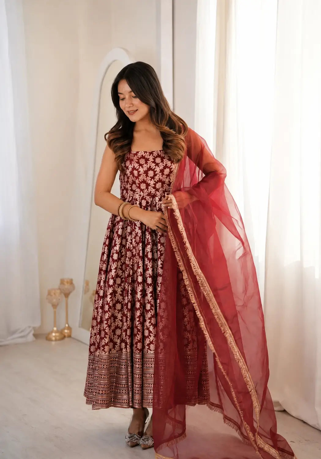 Maroon Butti Jacquard Anarkali Set