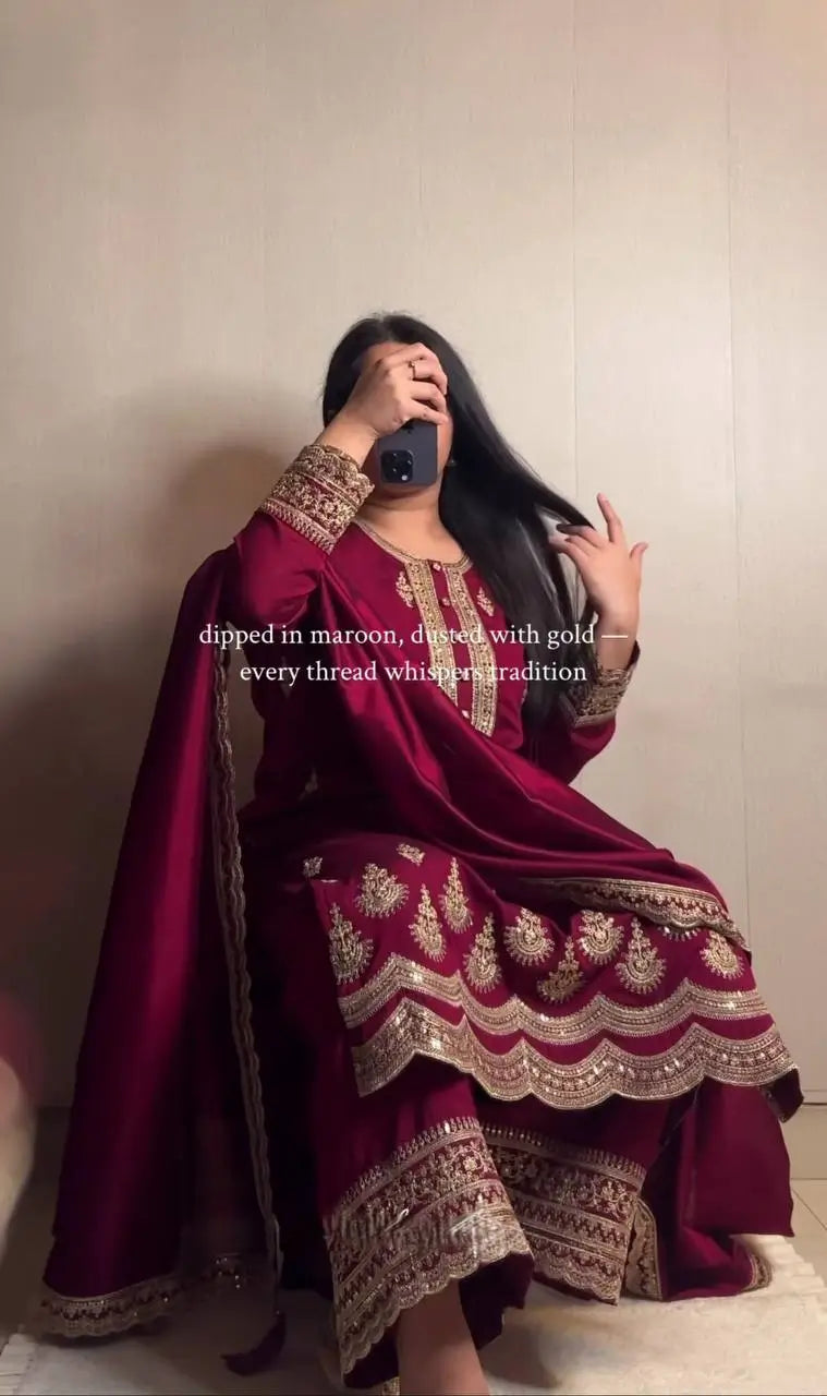 Maroon Crepe Silk Embroidered Suit Set for Festive and Wedding Wear