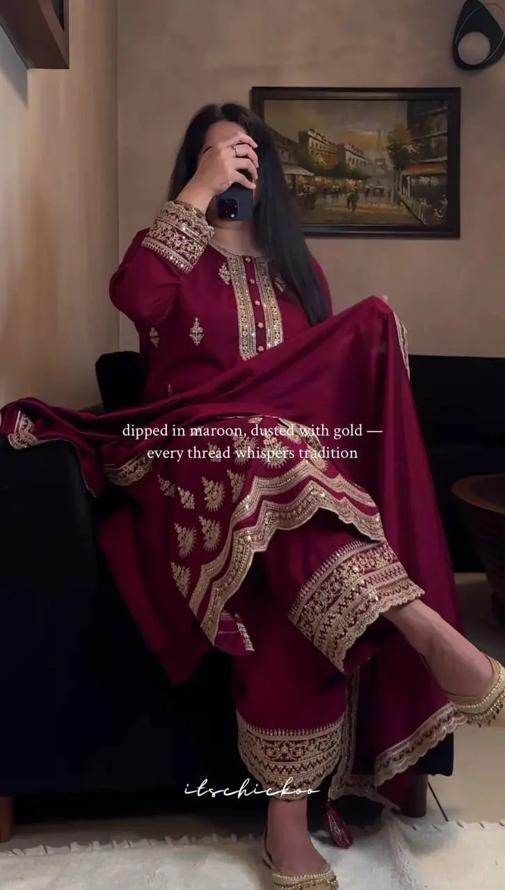 Maroon Crepe Silk Embroidered Suit Set for Festive and Wedding Wear