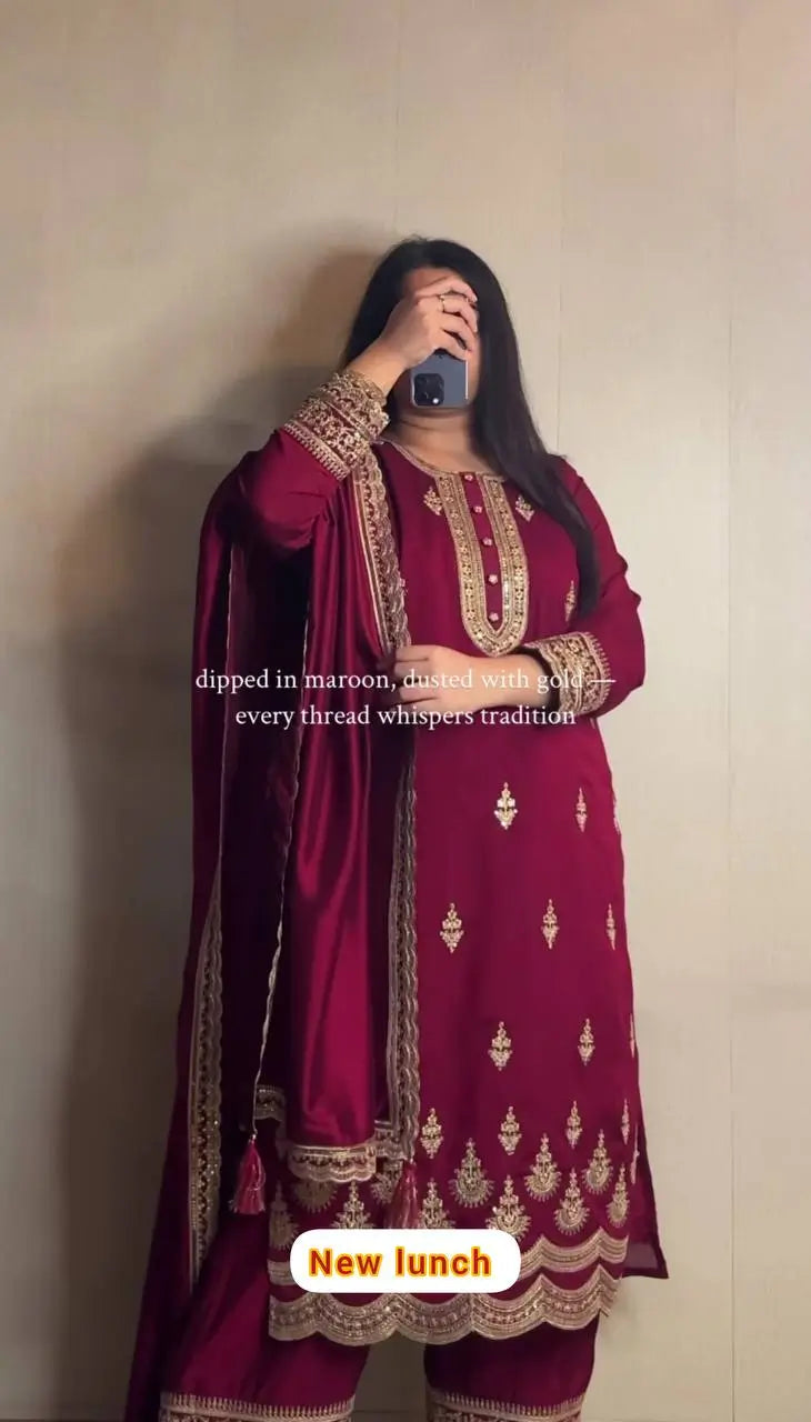 Maroon Crepe Silk Embroidered Suit Set for Festive and Wedding Wear
