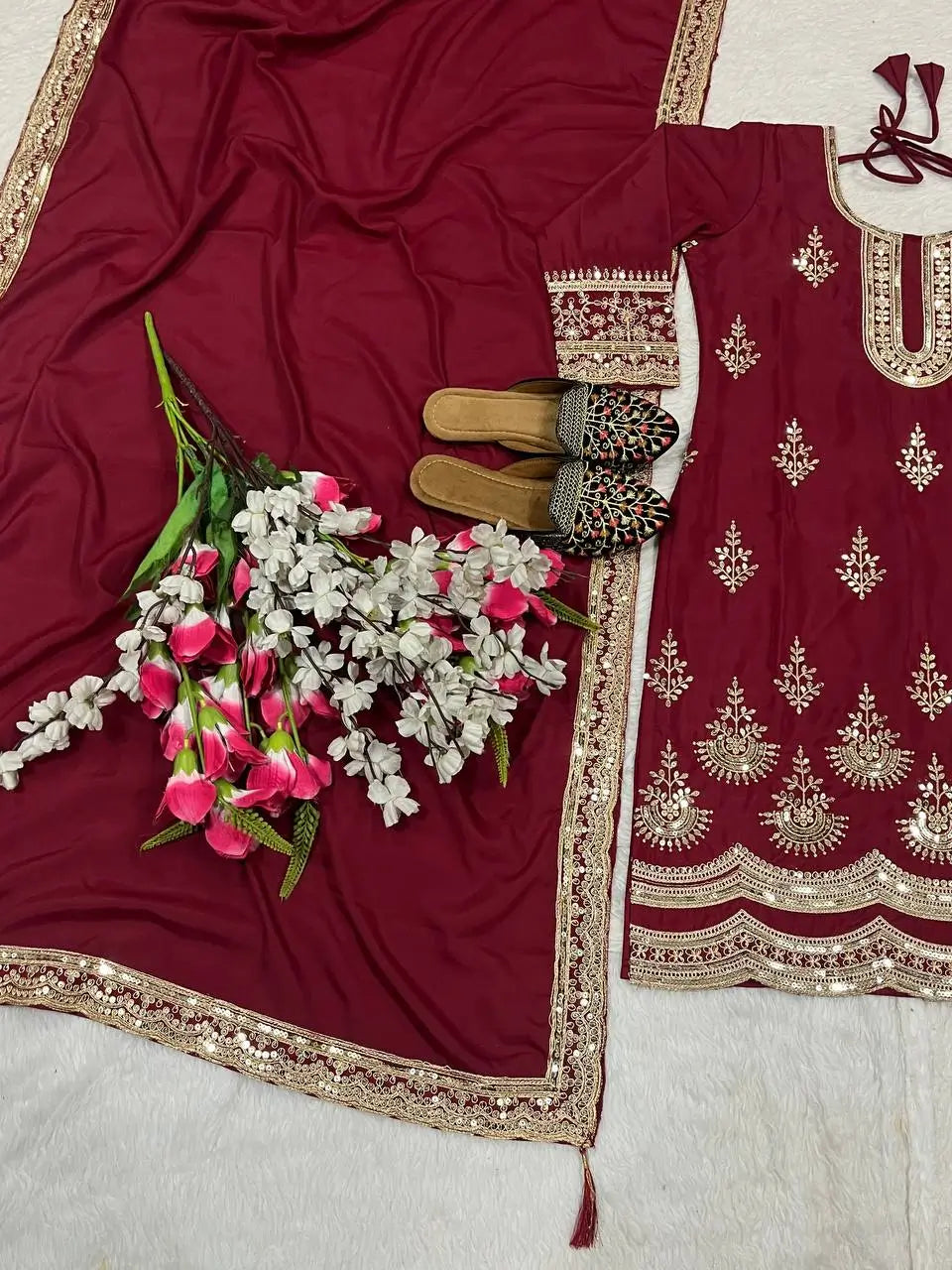Maroon Crepe Silk Embroidered Suit Set for Festive and Wedding Wear