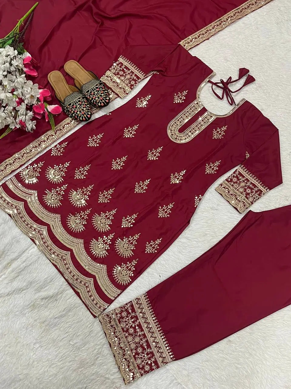 Maroon Crepe Silk Embroidered Suit Set for Festive and Wedding Wear