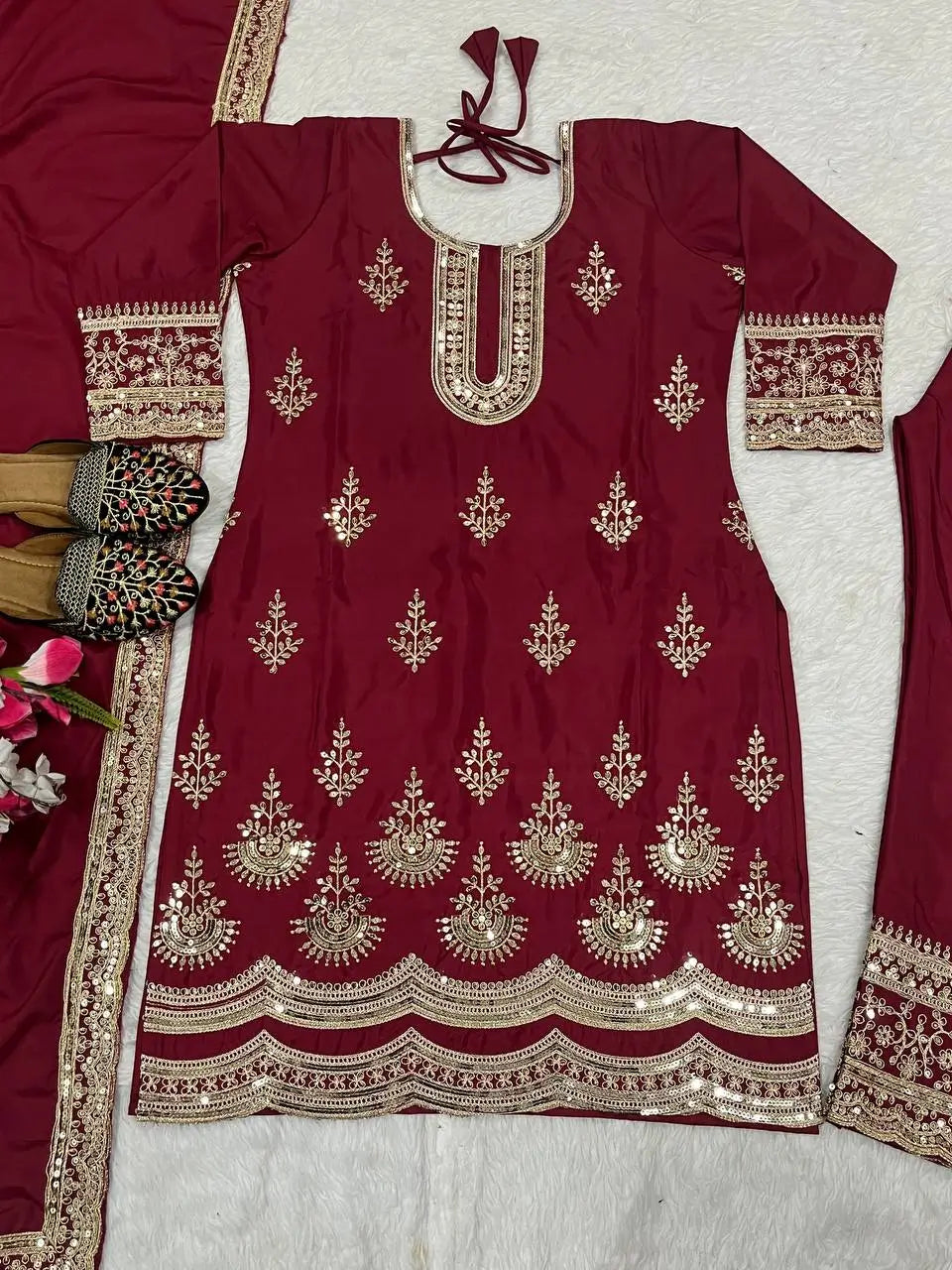 Maroon Crepe Silk Embroidered Suit Set for Festive and Wedding Wear