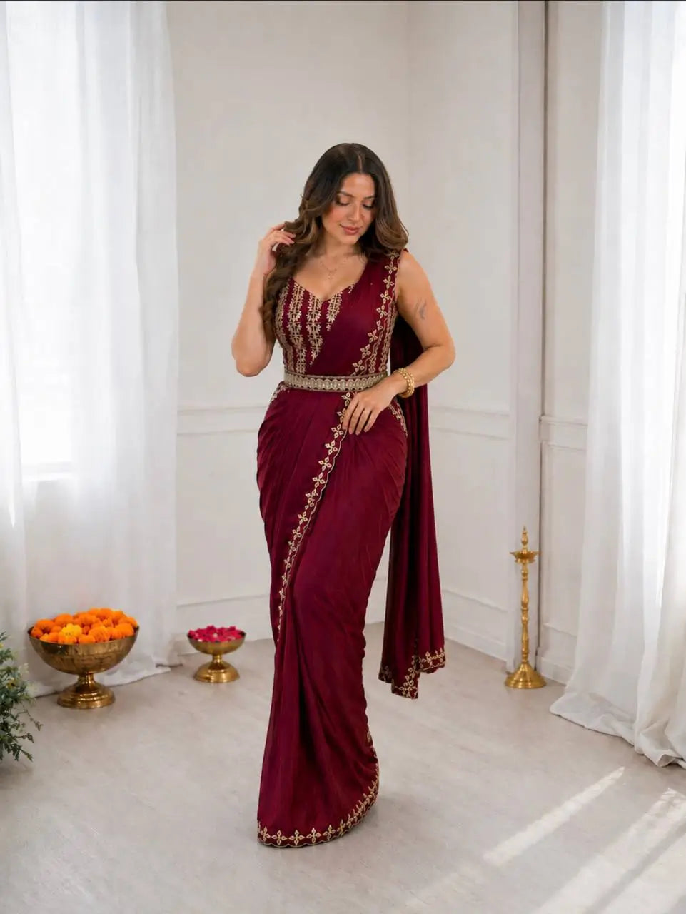 Maroon Crepe Silk Ready to Wear Saree