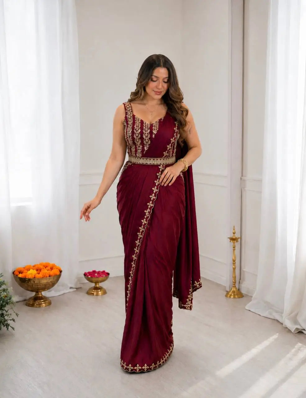 Maroon Crepe Silk Ready to Wear Saree