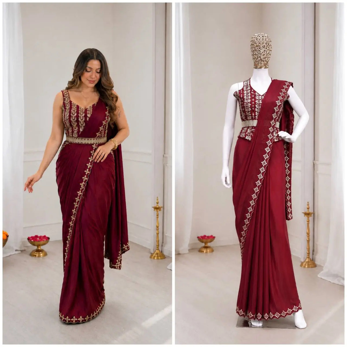 Maroon Crepe Silk Ready to Wear Saree