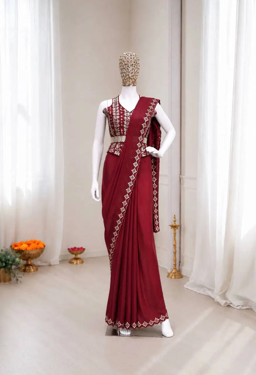 Maroon Crepe Silk Ready to Wear Saree