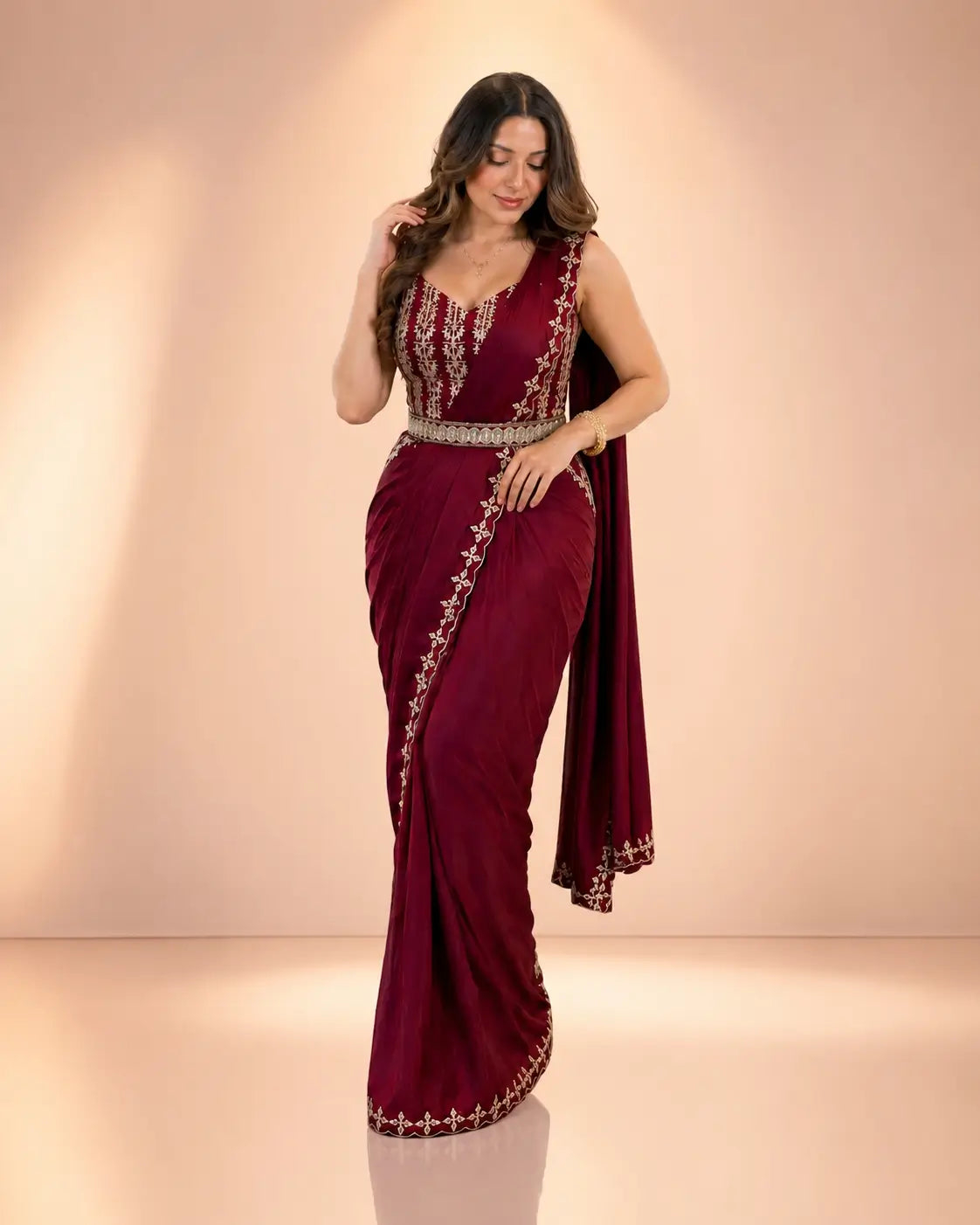 Maroon Crepe Silk Ready to Wear Saree