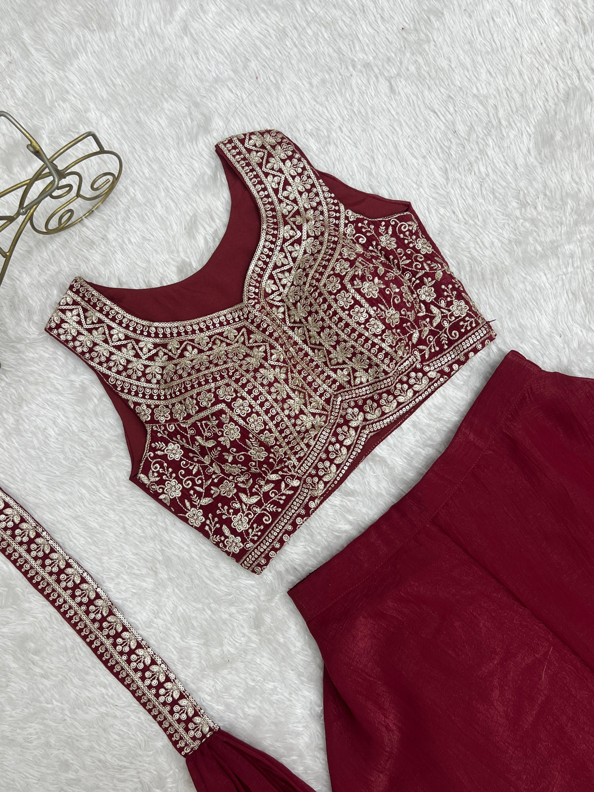 Maroon Embroidered Crop Palazzo
