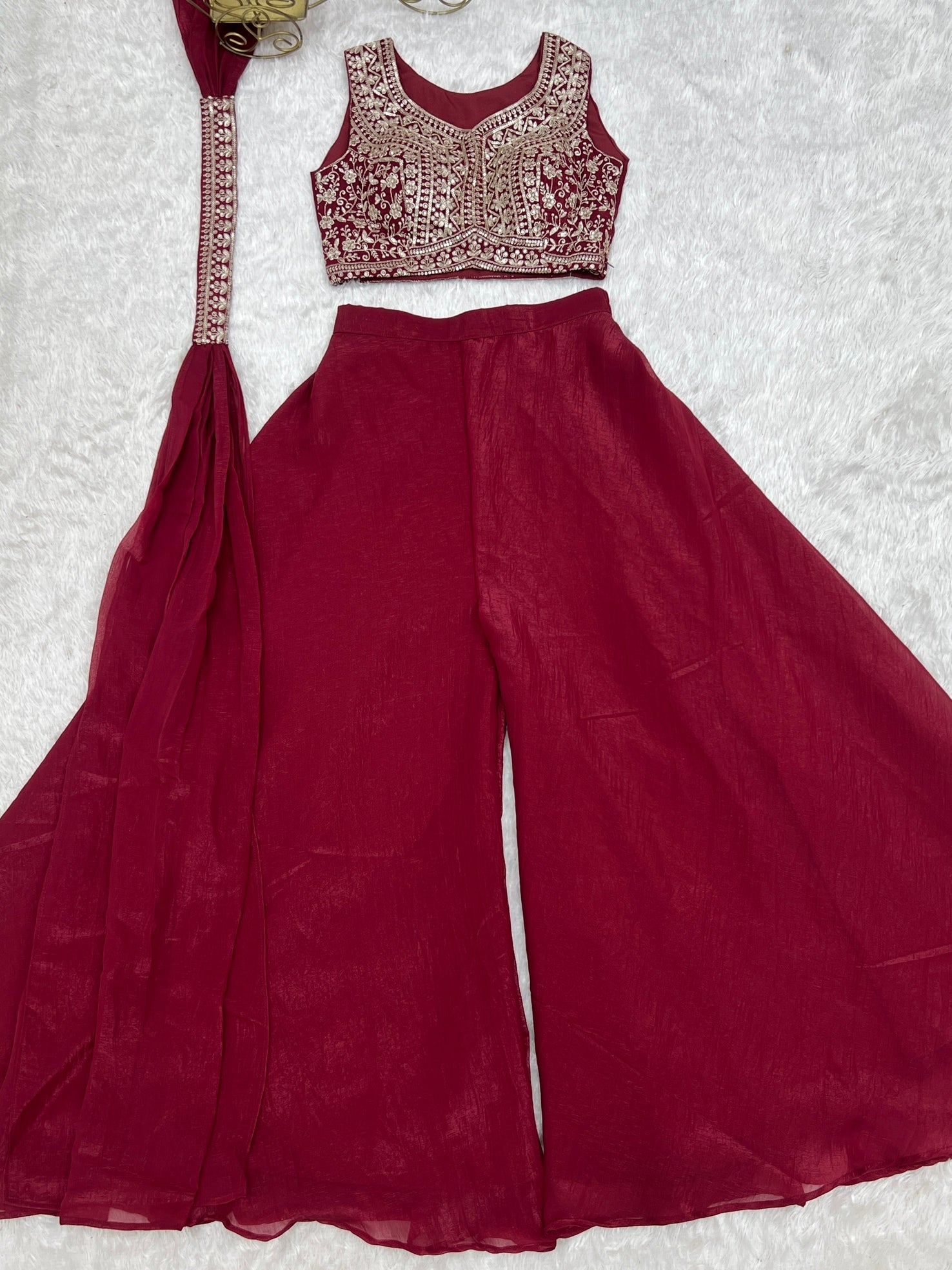 Maroon Embroidered Crop Palazzo