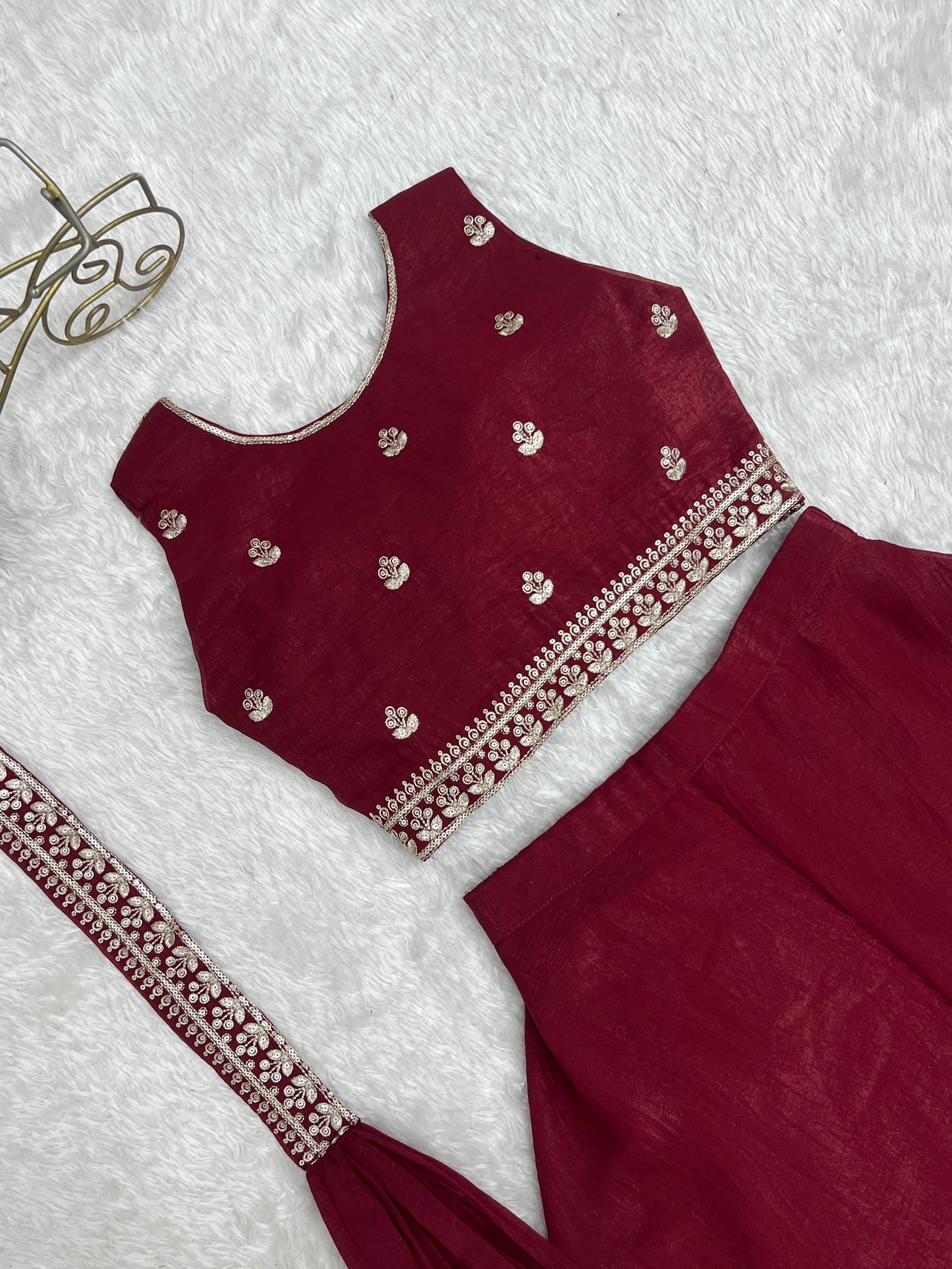 Maroon Embroidered Crop Palazzo