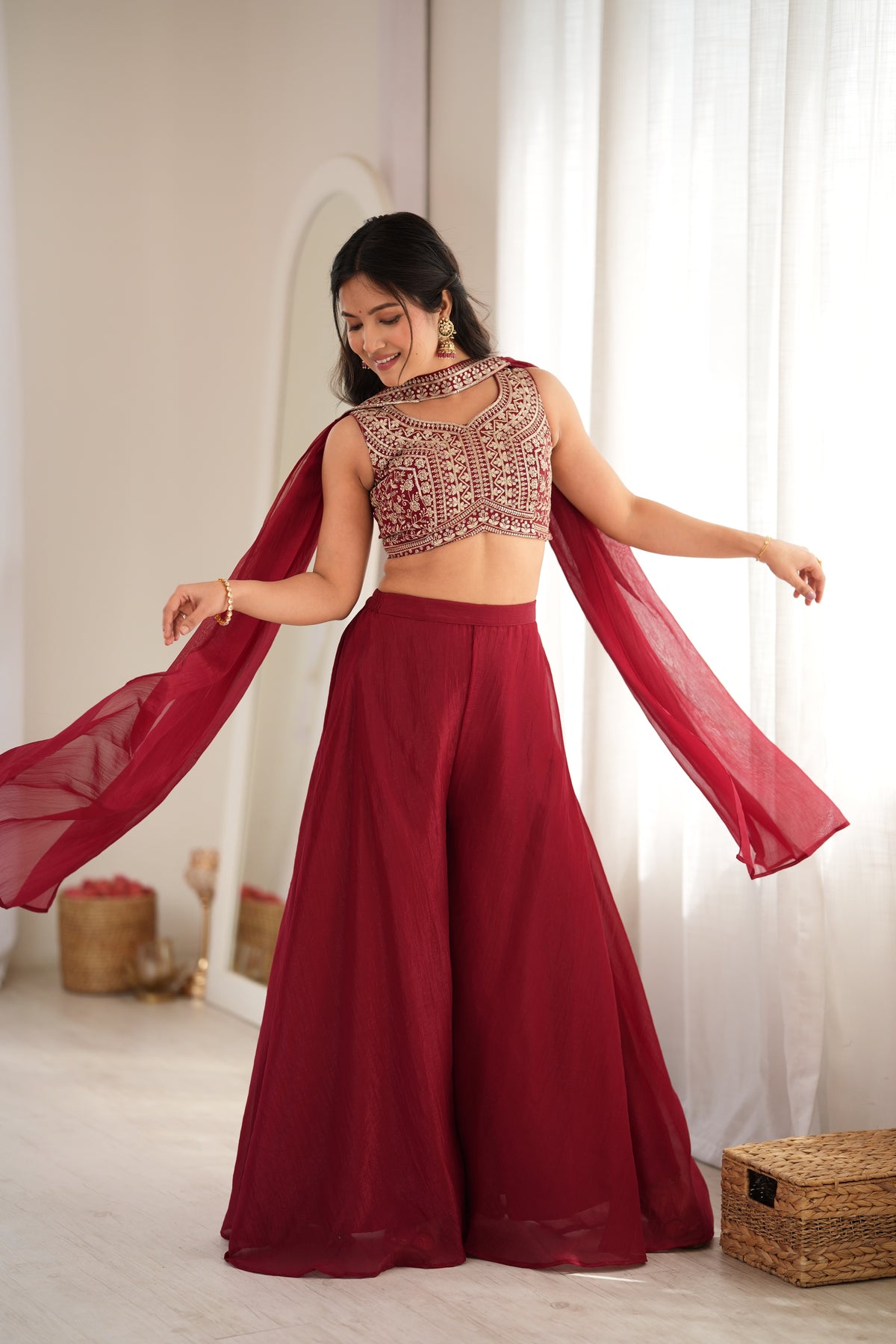 Maroon Embroidered Crop Palazzo