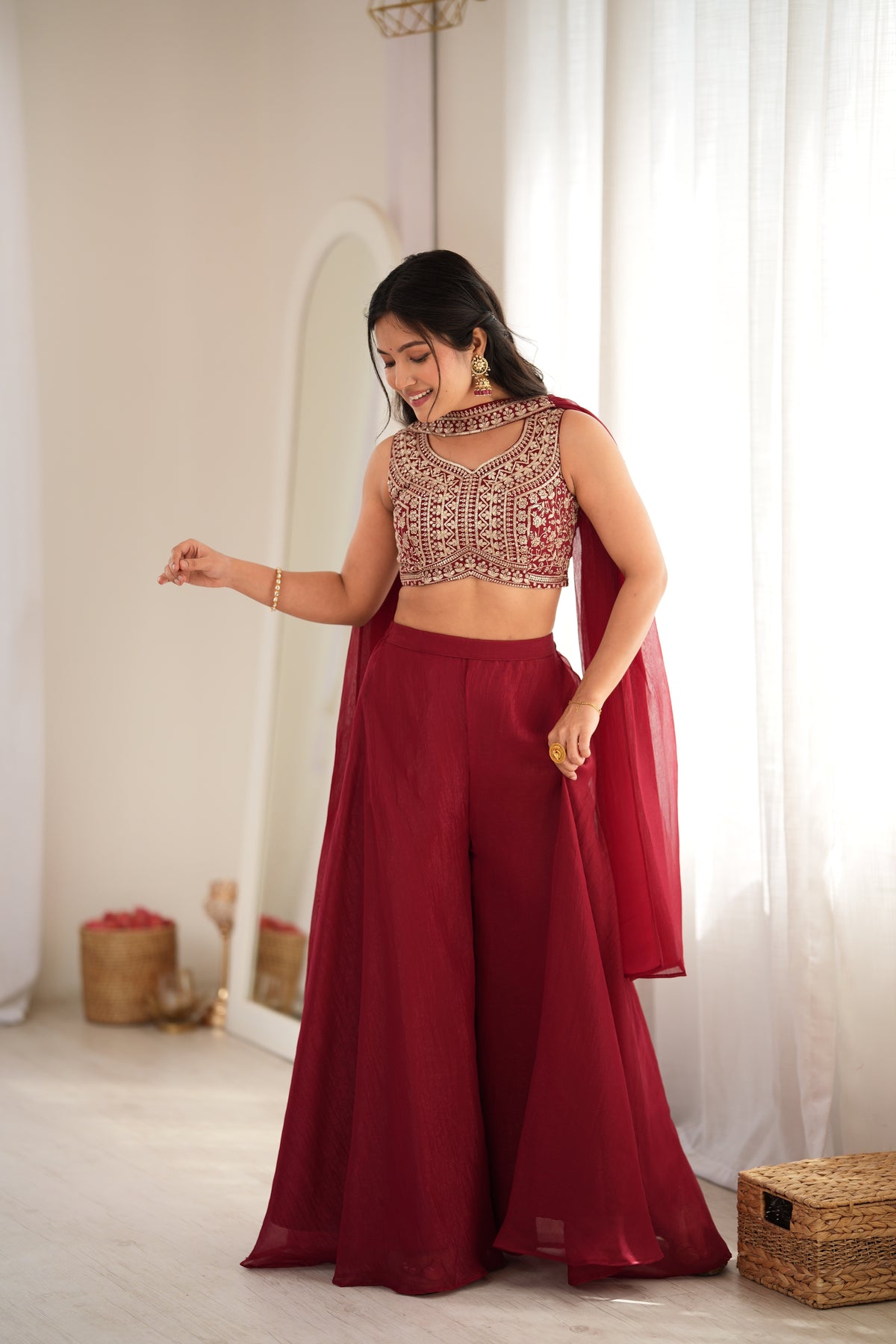 Maroon Embroidered Crop Palazzo