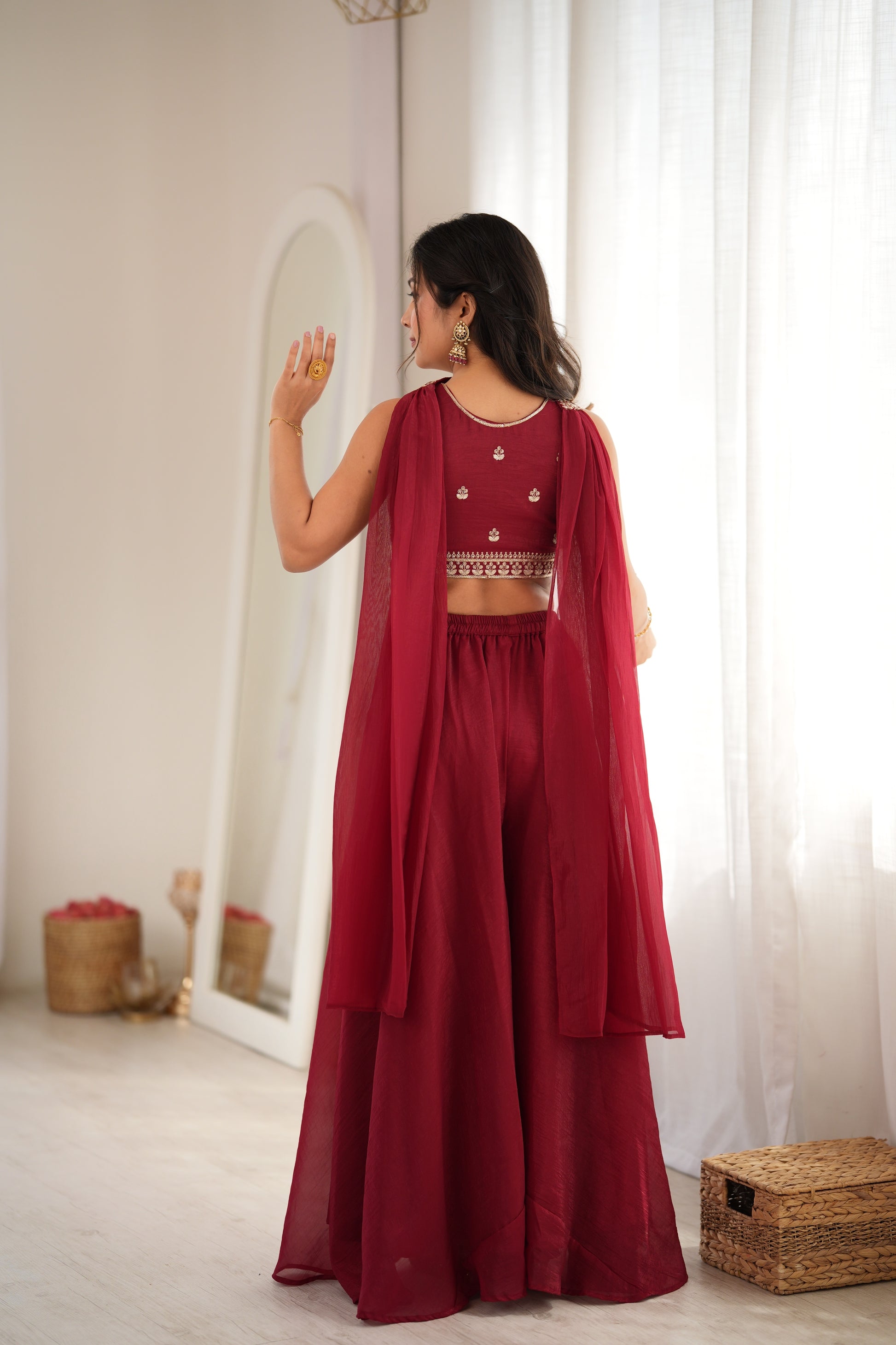 Maroon Embroidered Crop Palazzo