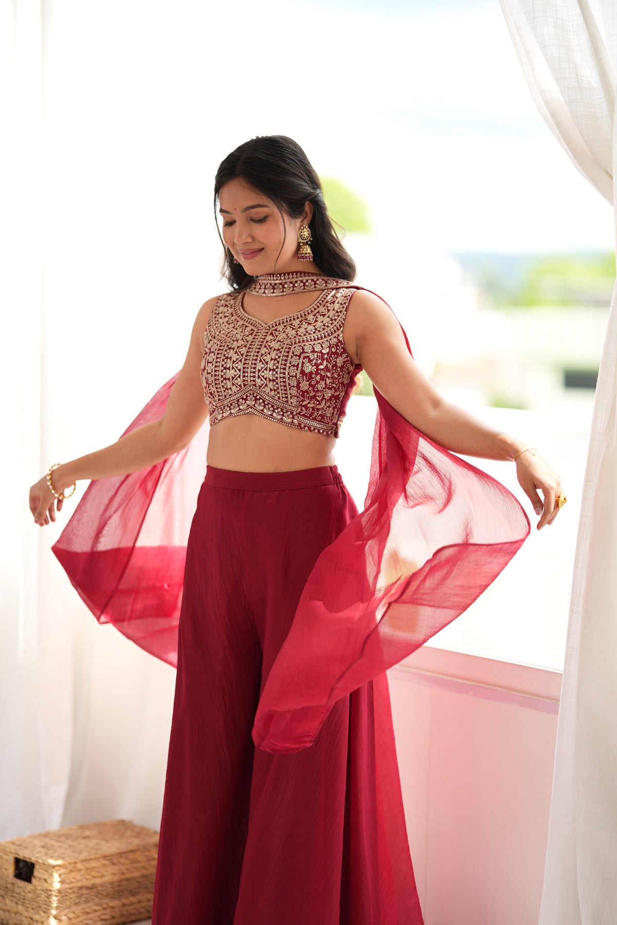 Maroon Embroidered Crop Palazzo