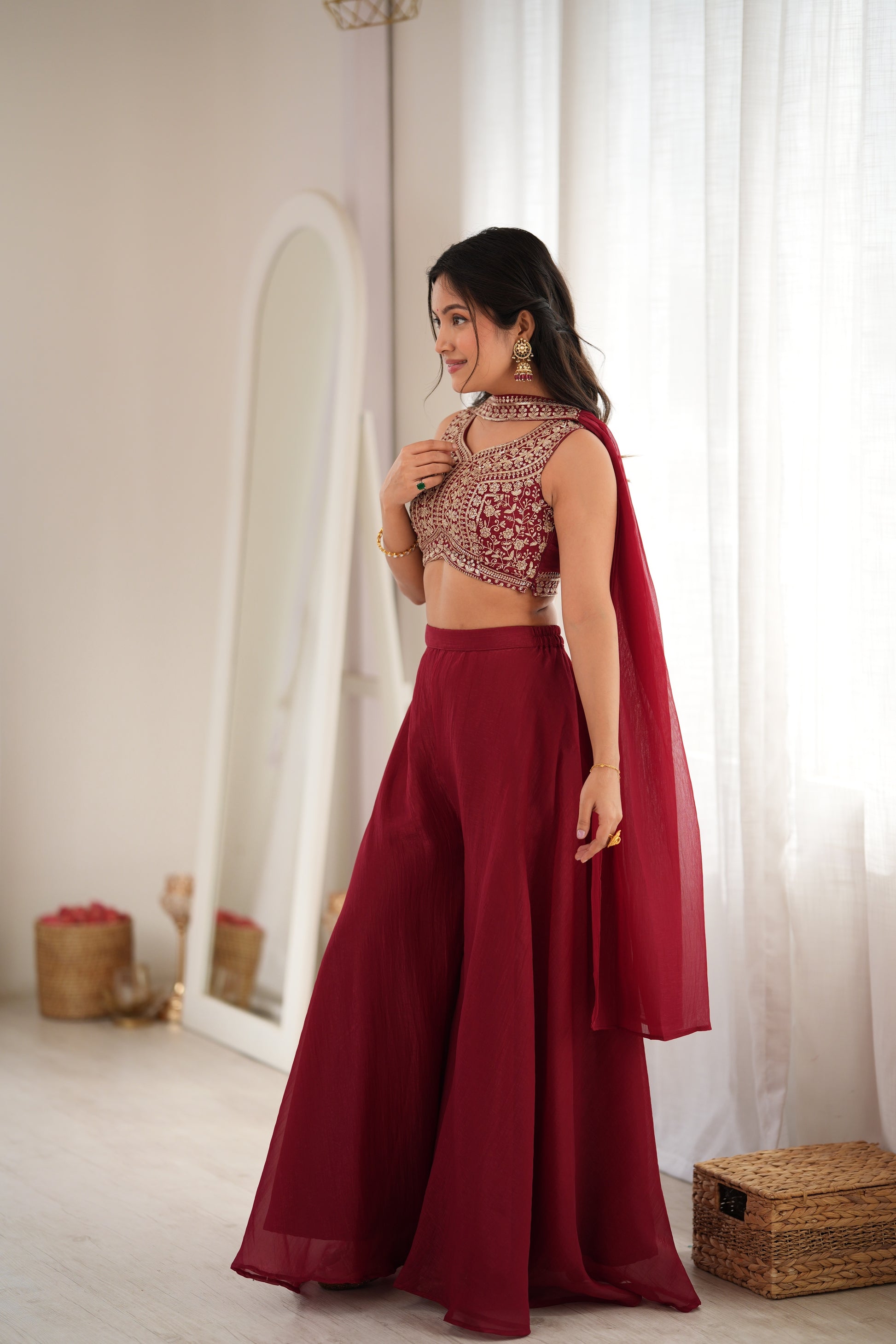 Maroon Embroidered Crop Palazzo