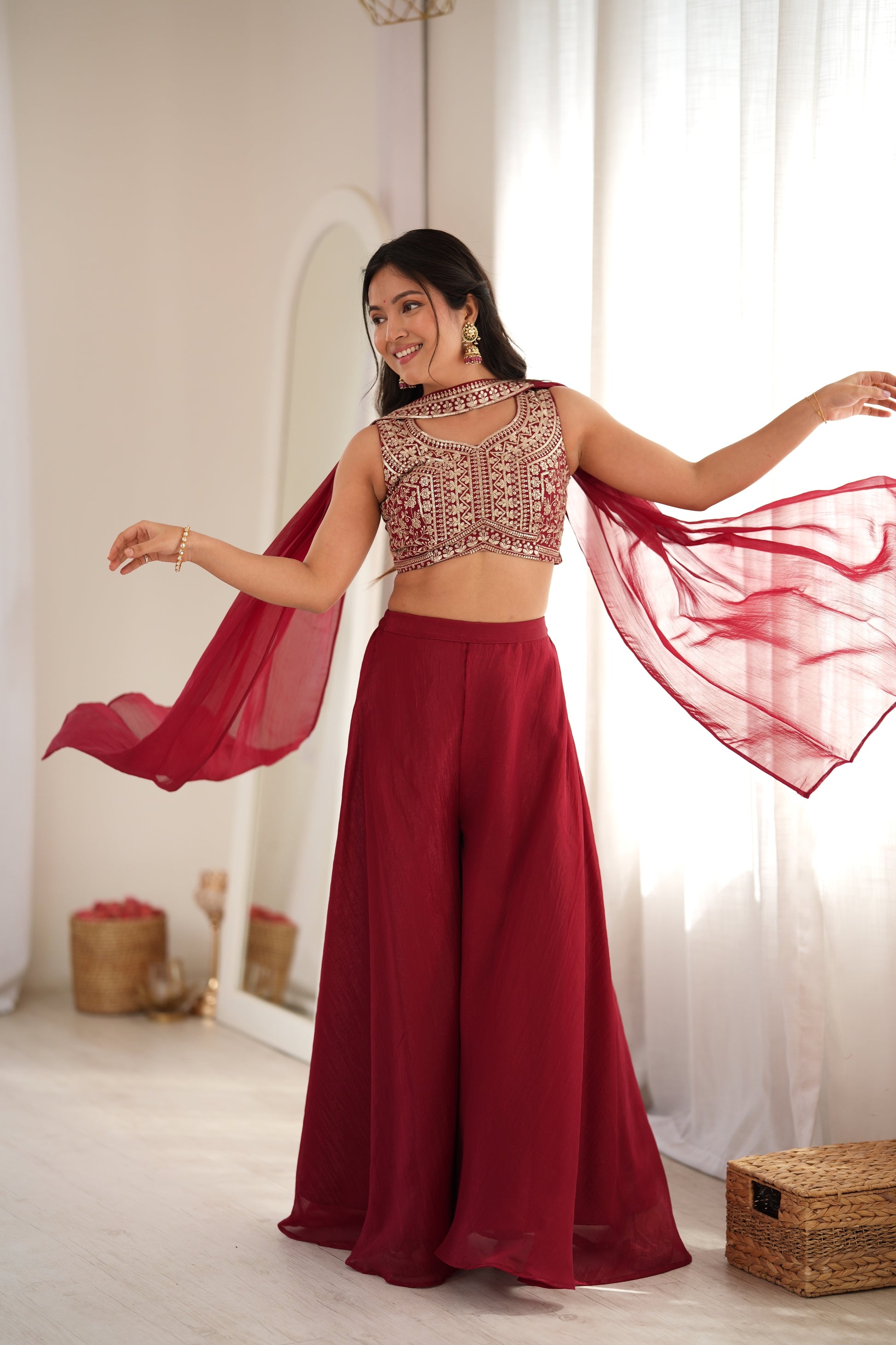 Maroon Embroidered Crop Palazzo