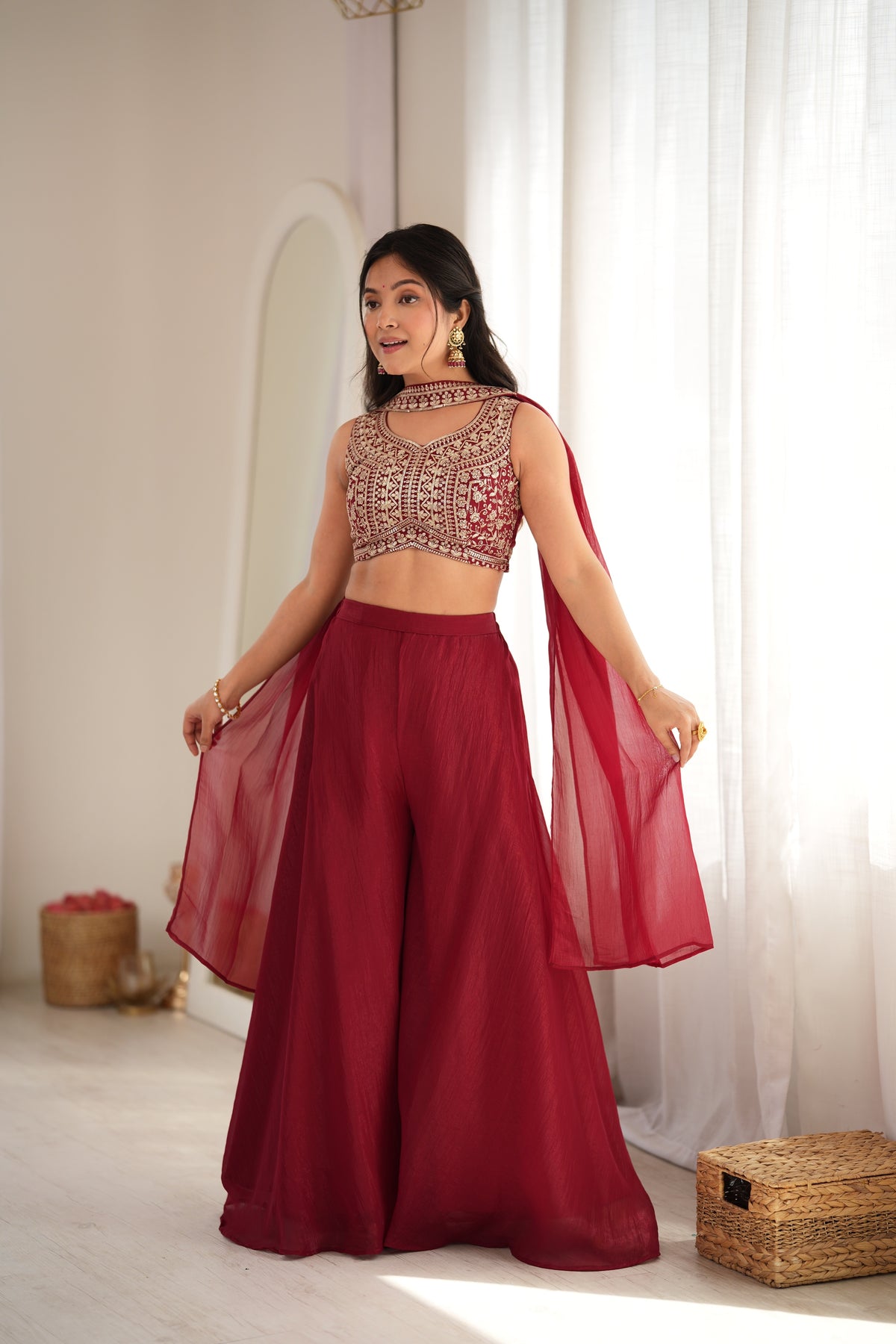 Maroon Embroidered Crop Palazzo