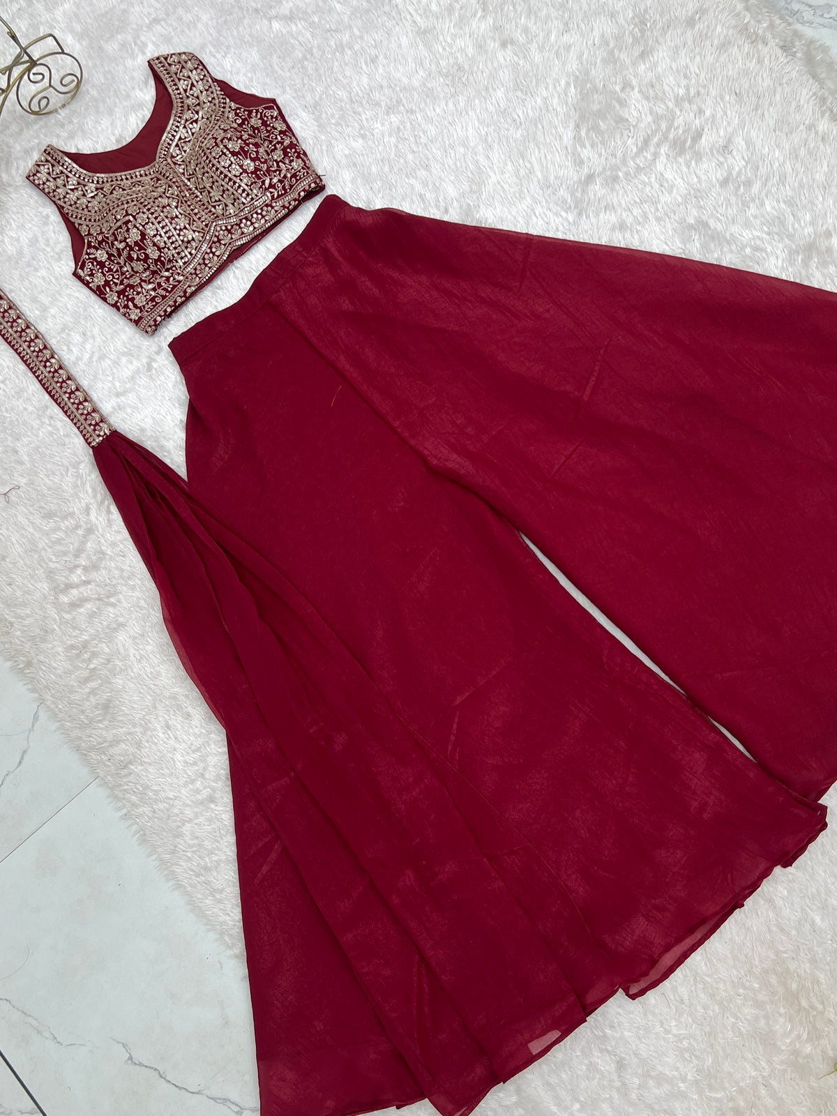 Maroon Embroidered Crop Palazzo
