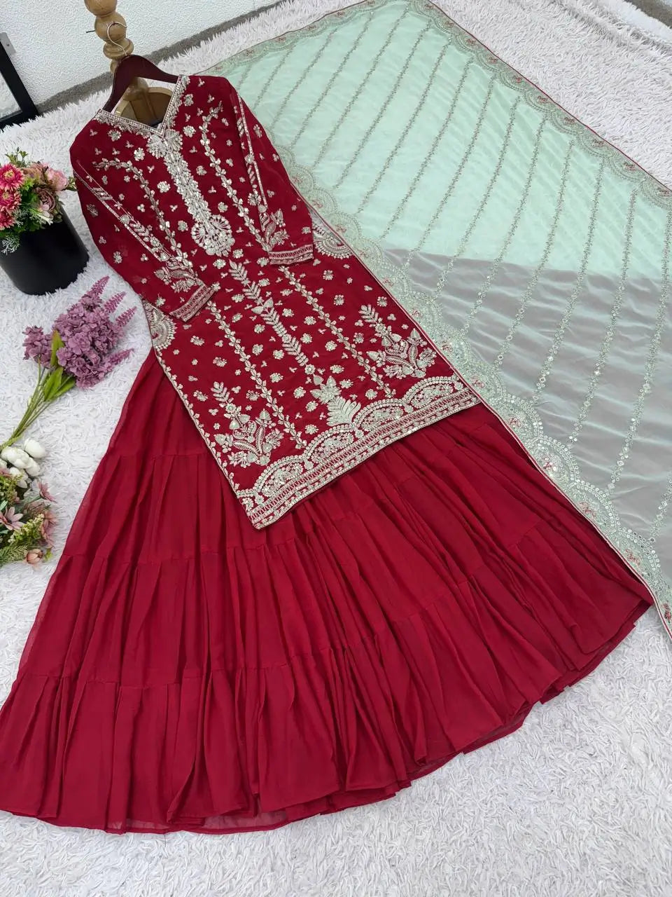 Maroon Faux Georgette Embroidered Lehenga Set with Dupatta – Premium Quality