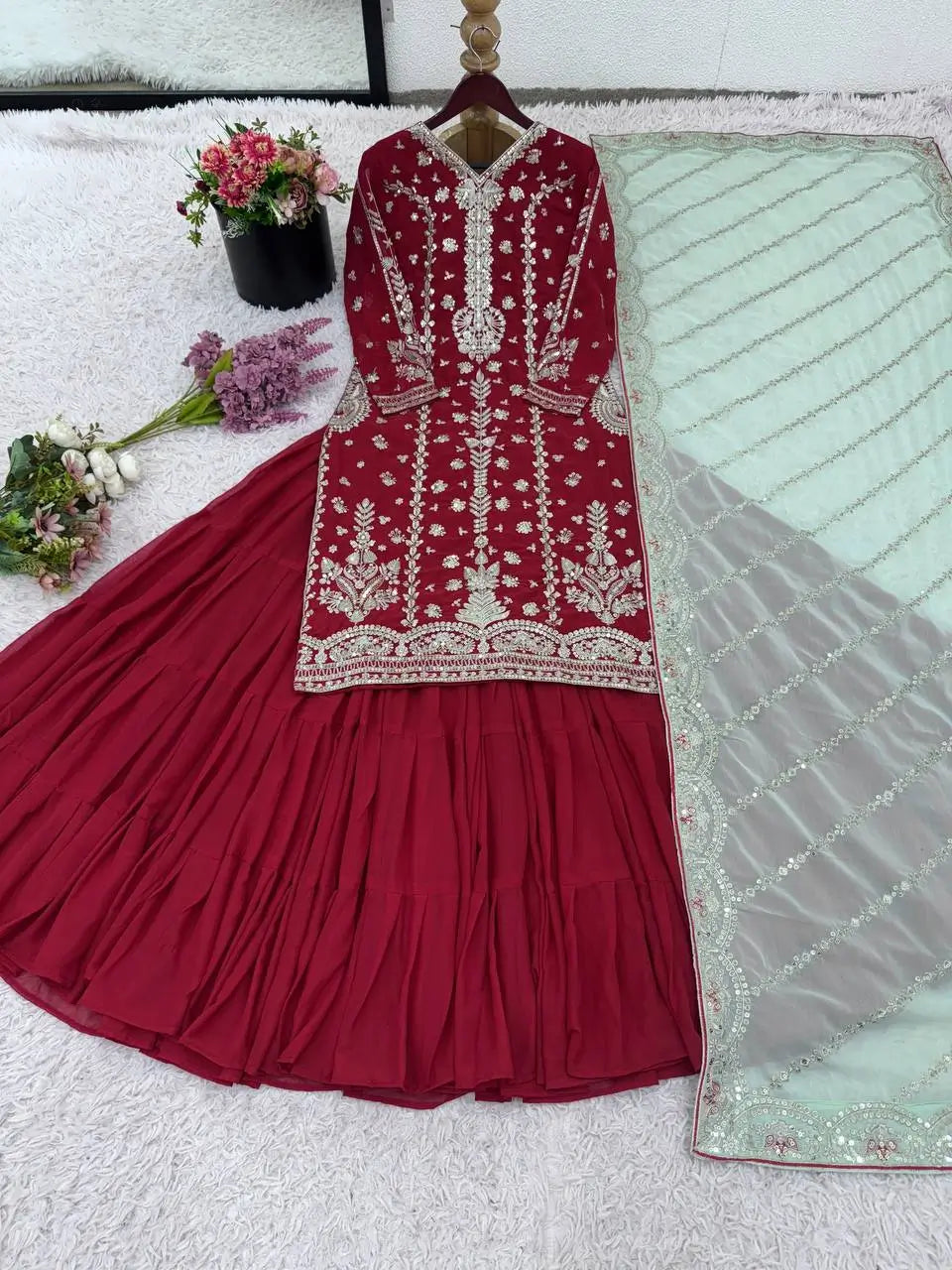 Maroon Faux Georgette Embroidered Lehenga Set with Dupatta – Premium Quality