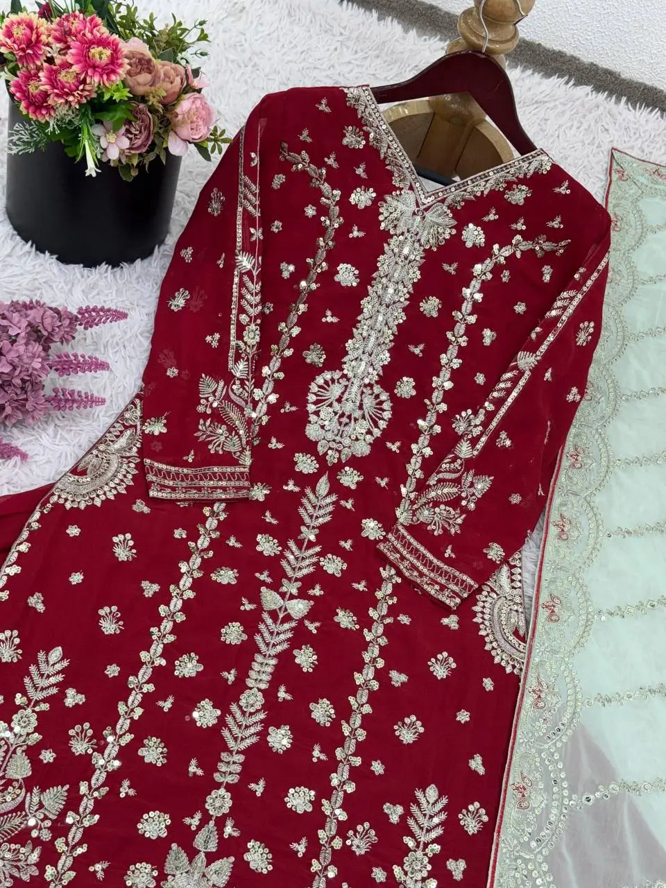 Maroon Faux Georgette Embroidered Lehenga Set with Dupatta – Premium Quality