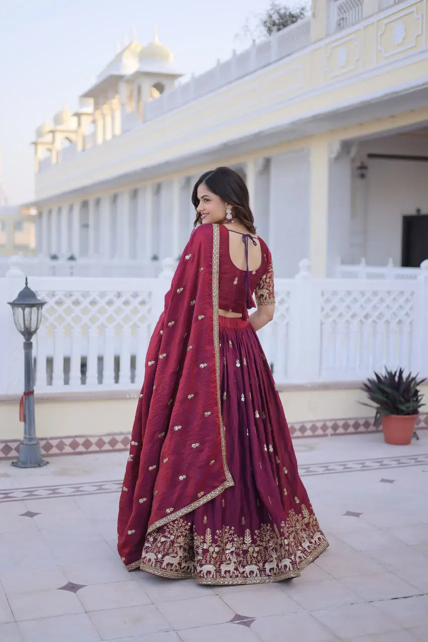 Maroon Fendi Silk Embroidered Lehenga Choli Set for Wedding and Festive Wear