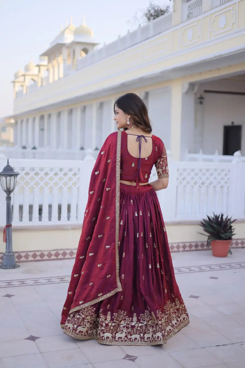 Maroon Fendi Silk Embroidered Lehenga Choli Set for Wedding and Festive Wear
