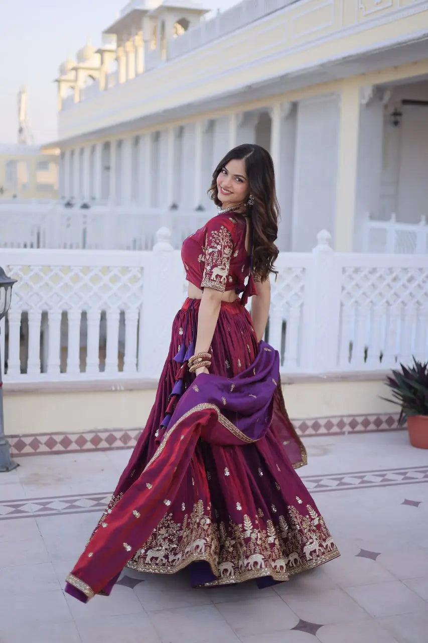 Maroon Fendi Silk Embroidered Lehenga Choli Set for Wedding and Festive Wear