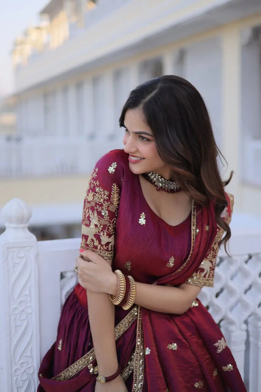 Maroon Fendi Silk Embroidered Lehenga Choli Set for Wedding and Festive Wear