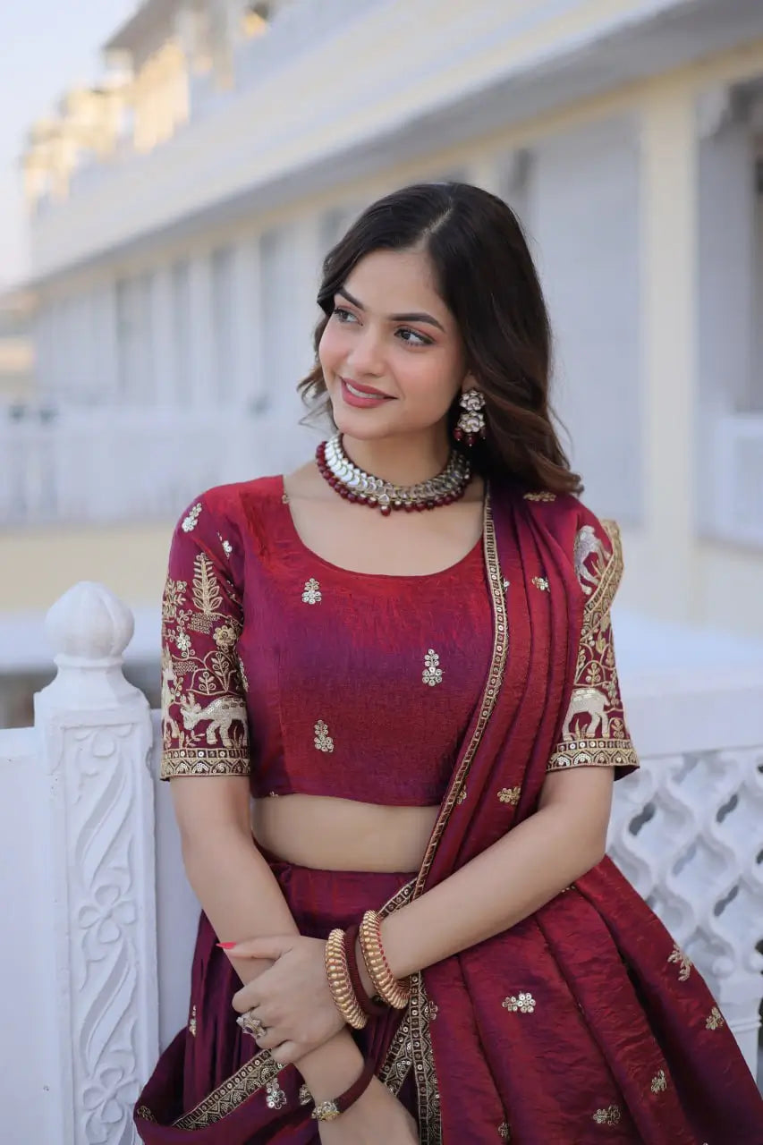 Maroon Fendi Silk Embroidered Lehenga Choli Set for Wedding and Festive Wear