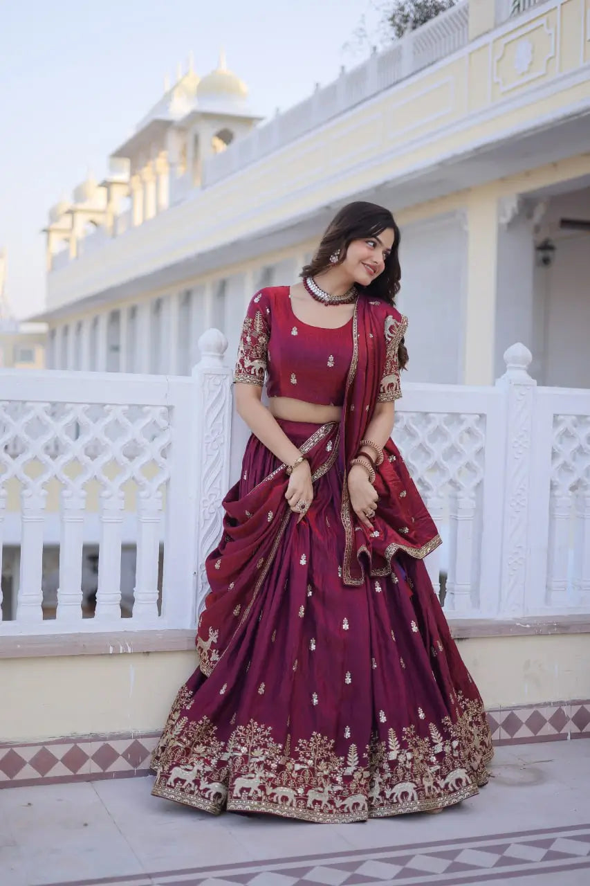Maroon Fendi Silk Embroidered Lehenga Choli Set for Wedding and Festive Wear
