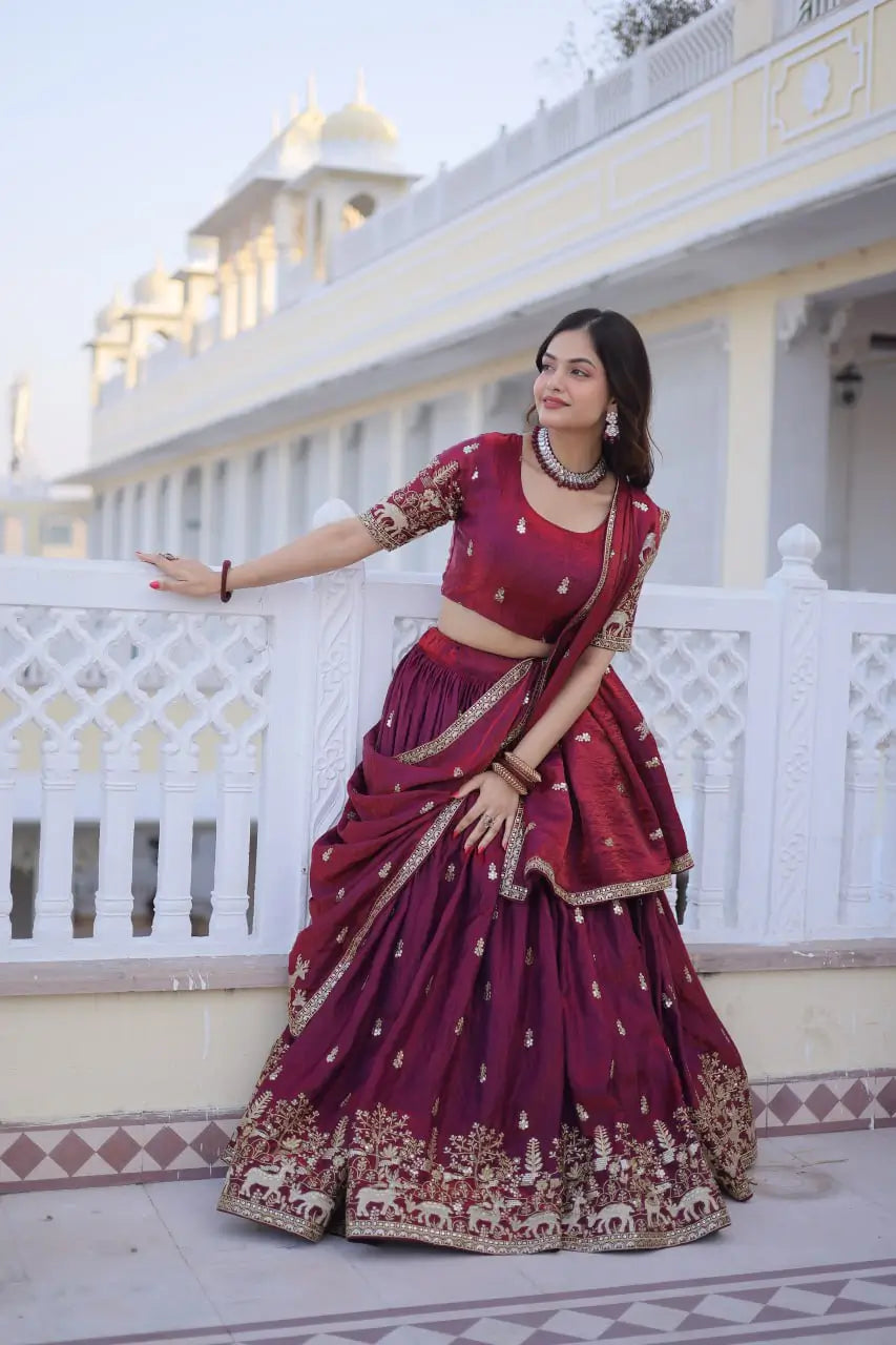 Maroon Fendi Silk Embroidered Lehenga Choli Set for Wedding and Festive Wear
