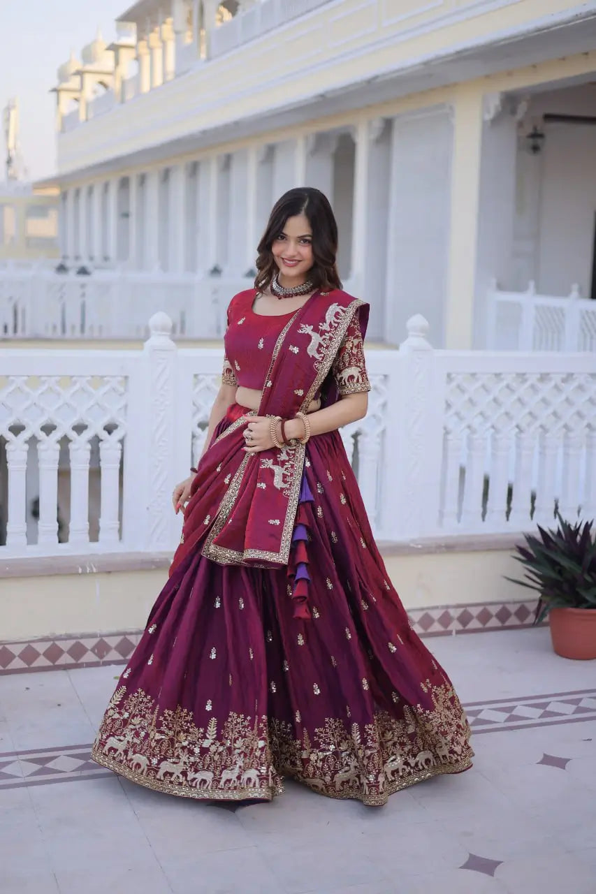 Maroon Fendi Silk Embroidered Lehenga Choli Set for Wedding and Festive Wear