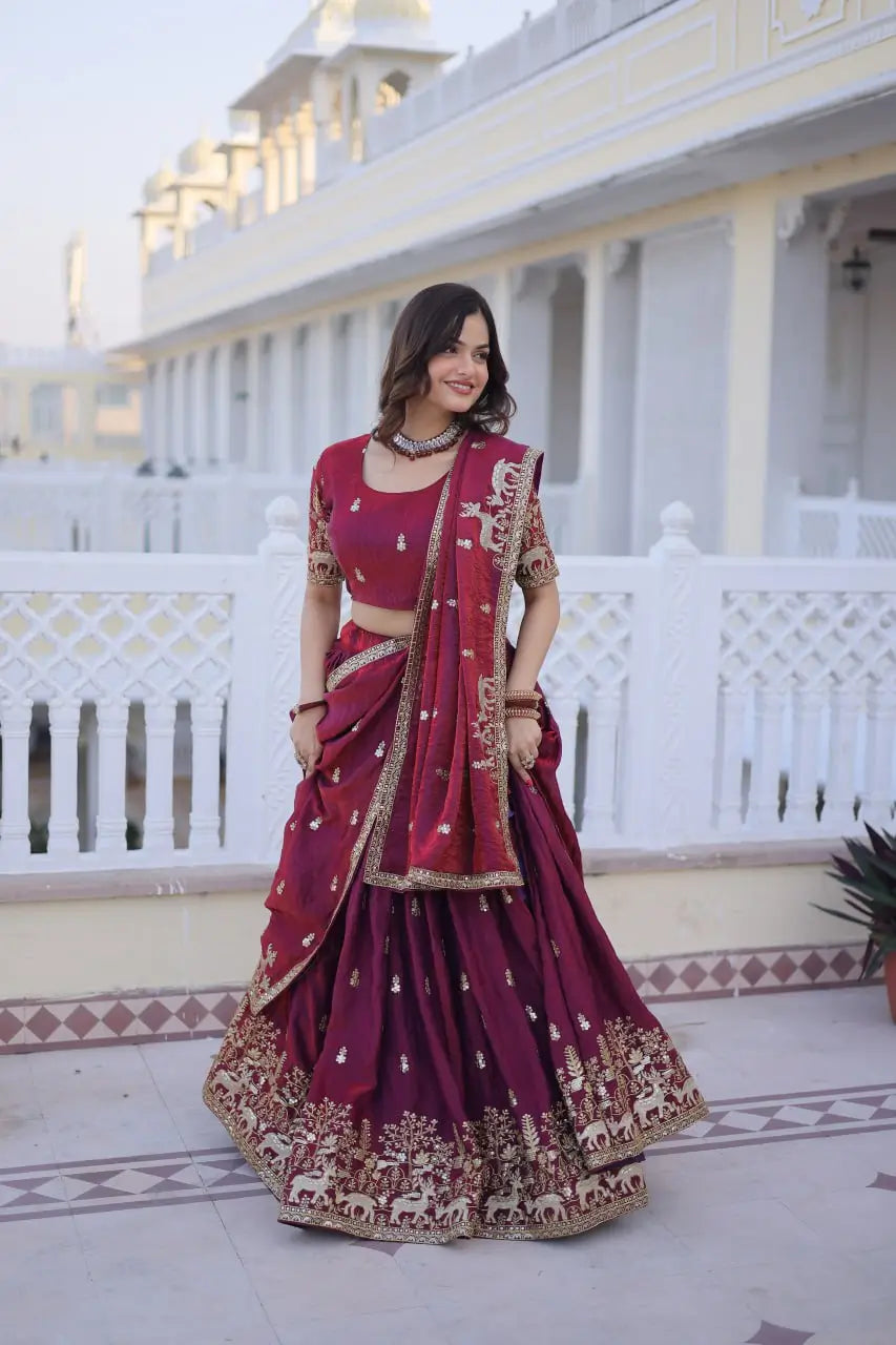 Maroon Fendi Silk Embroidered Lehenga Choli Set for Wedding and Festive Wear