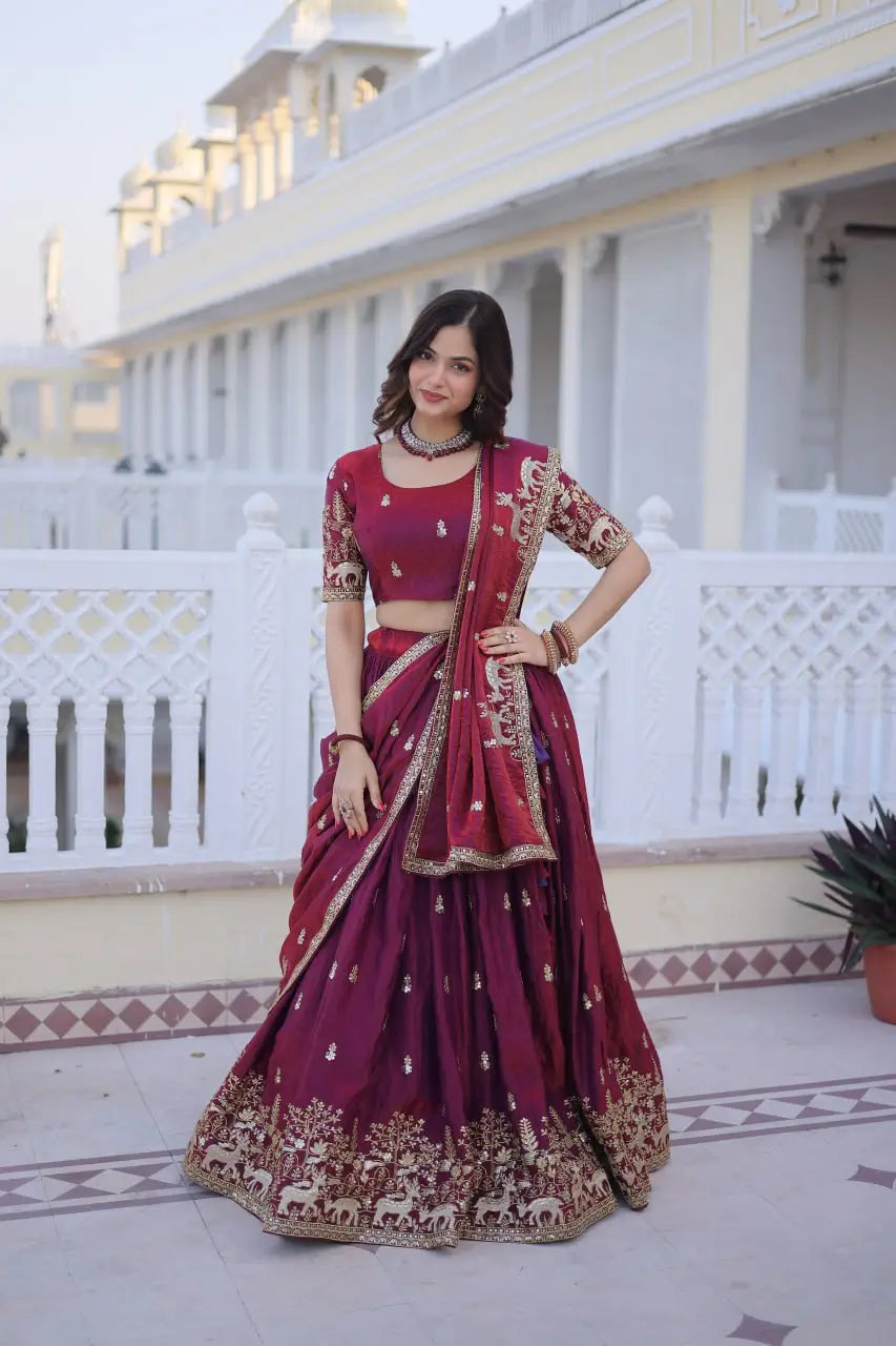 Maroon Fendi Silk Embroidered Lehenga Choli Set for Wedding and Festive Wear