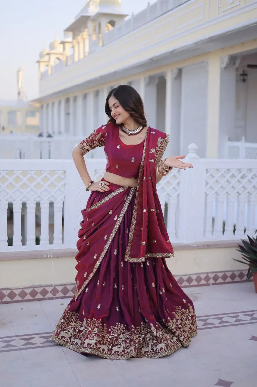 Maroon Fendi Silk Embroidered Lehenga Choli Set for Wedding and Festive Wear