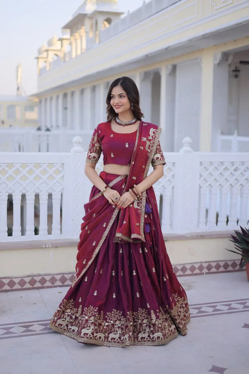 Maroon Fendi Silk Embroidered Lehenga Choli Set for Wedding and Festive Wear