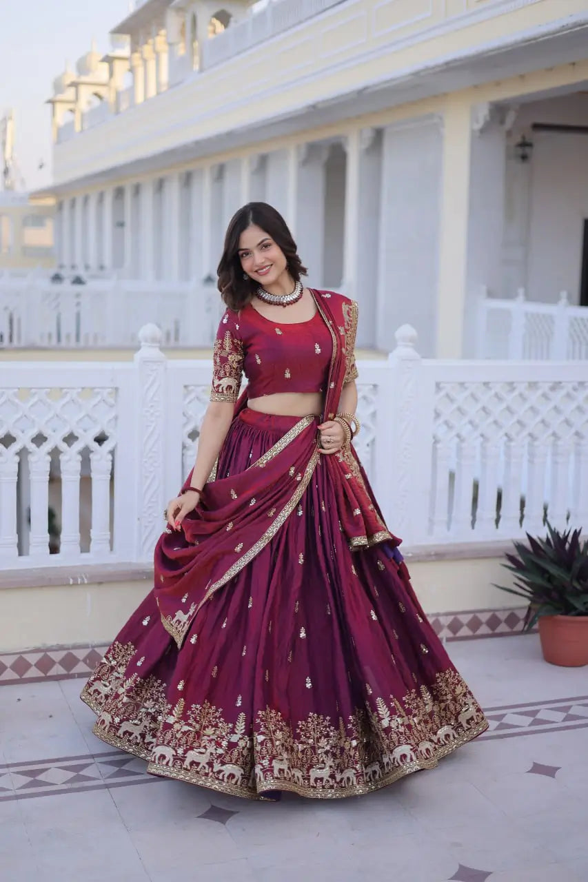 Maroon Fendi Silk Embroidered Lehenga Choli Set for Wedding and Festive Wear