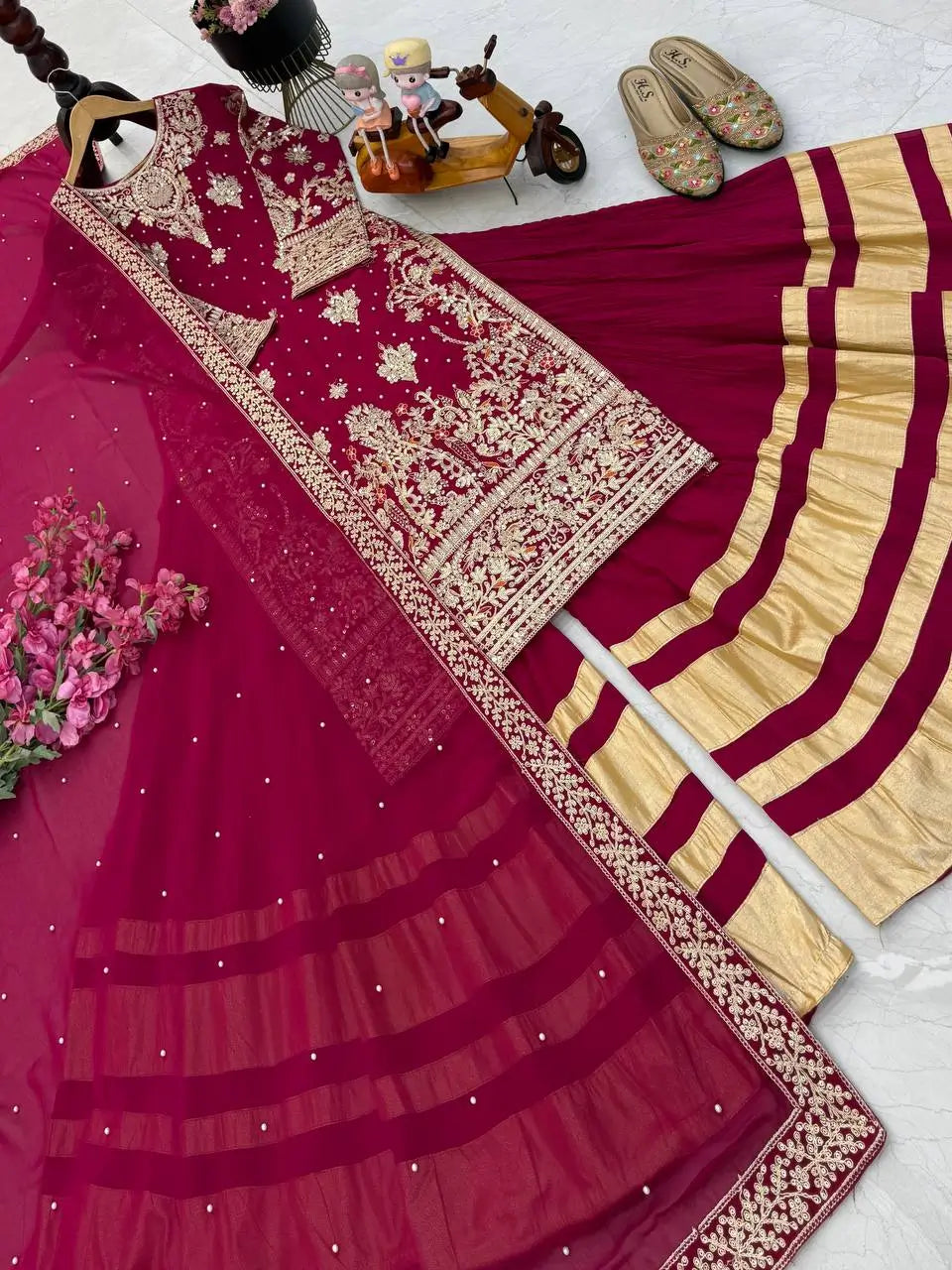 Maroon Fox Georgette Embroidered Palazzo Suit with Dupatta – Heavy Coding Sequence Work | Wedding & Festive Wear