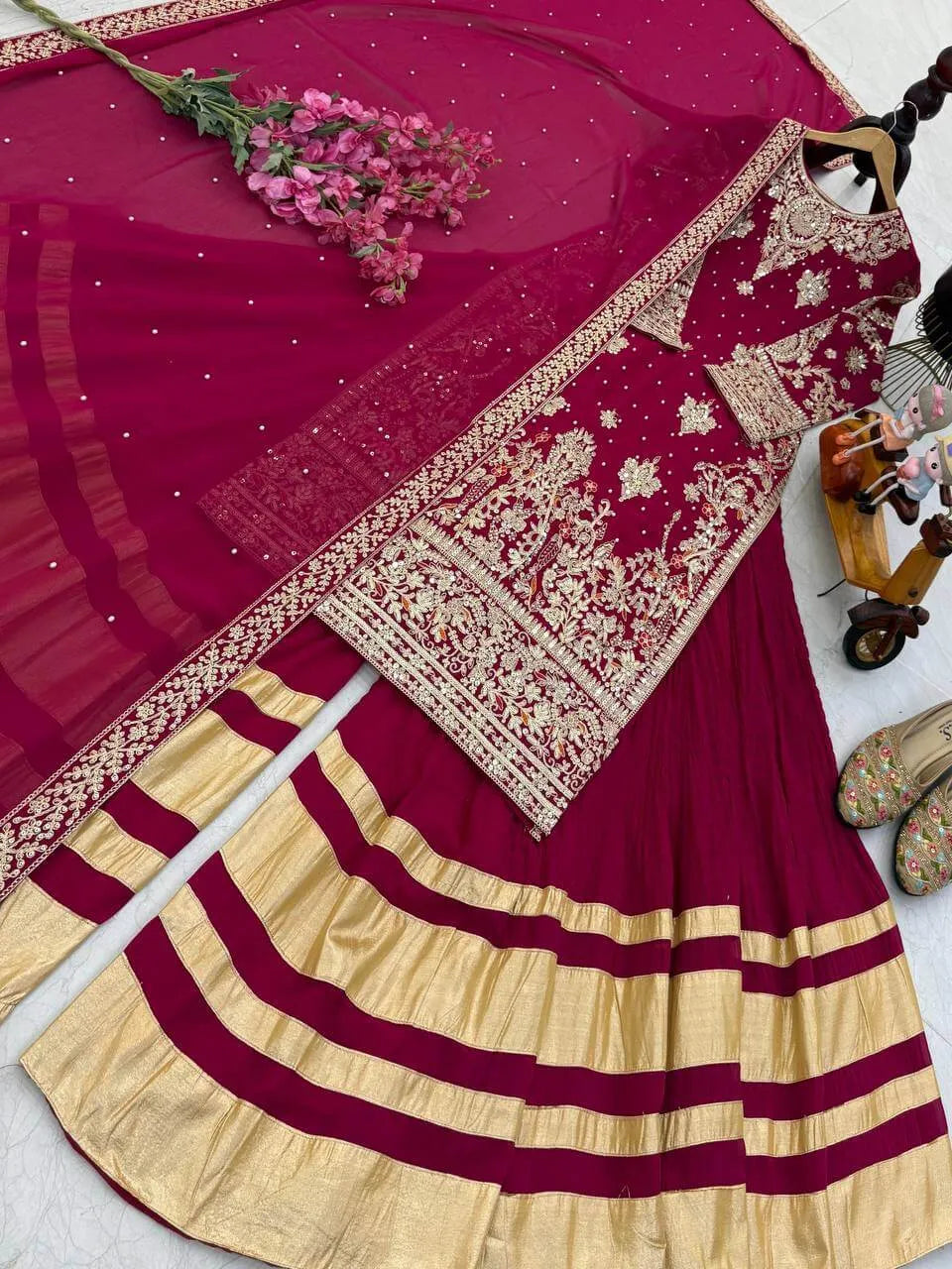 Maroon Fox Georgette Embroidered Palazzo Suit with Dupatta – Heavy Coding Sequence Work | Wedding & Festive Wear
