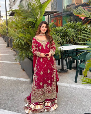 Maroon Fox Georgette Embroidered Palazzo Suit with Dupatta – Heavy Coding Sequence Work | Wedding & Festive Wear