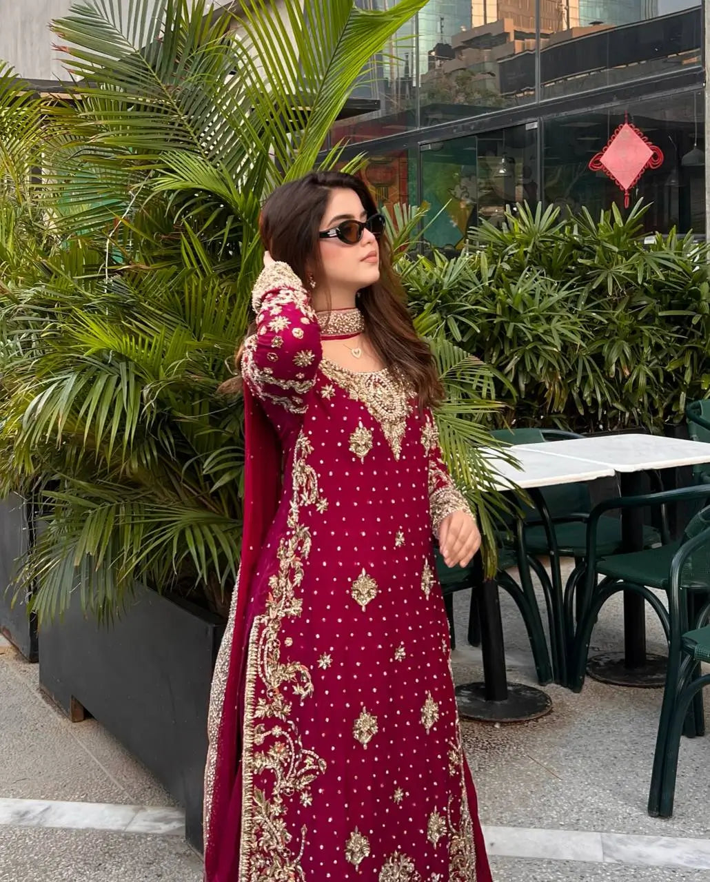 Maroon Fox Georgette Embroidered Palazzo Suit with Dupatta – Heavy Coding Sequence Work | Wedding & Festive Wear