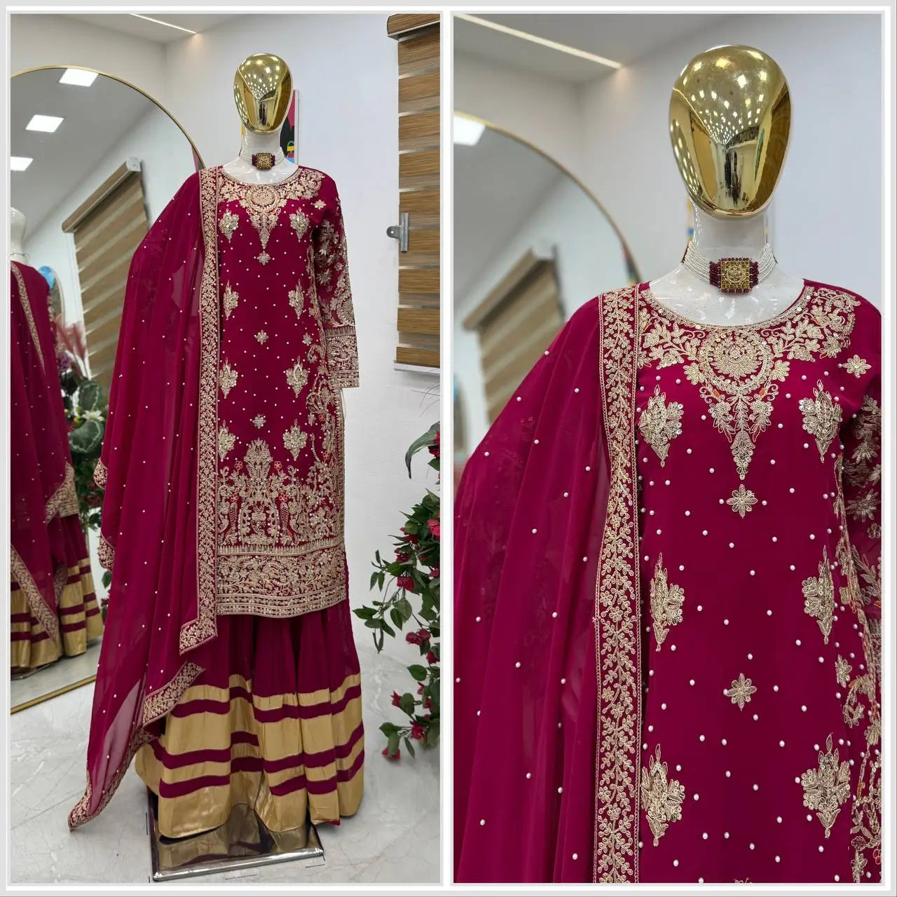 Maroon Fox Georgette Embroidered Palazzo Suit with Dupatta – Heavy Coding Sequence Work | Wedding & Festive Wear
