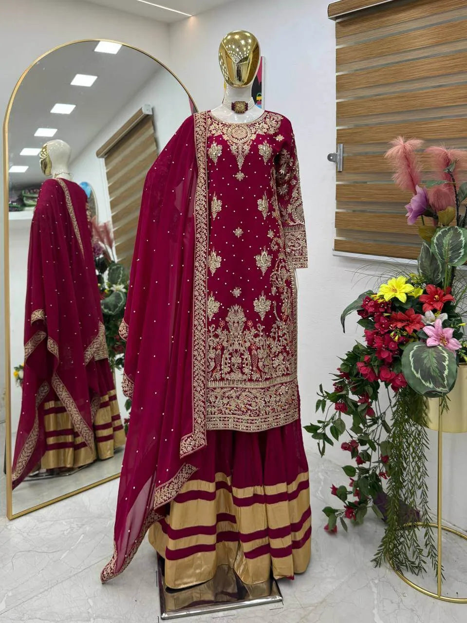 Maroon Fox Georgette Embroidered Palazzo Suit with Dupatta – Heavy Coding Sequence Work | Wedding & Festive Wear