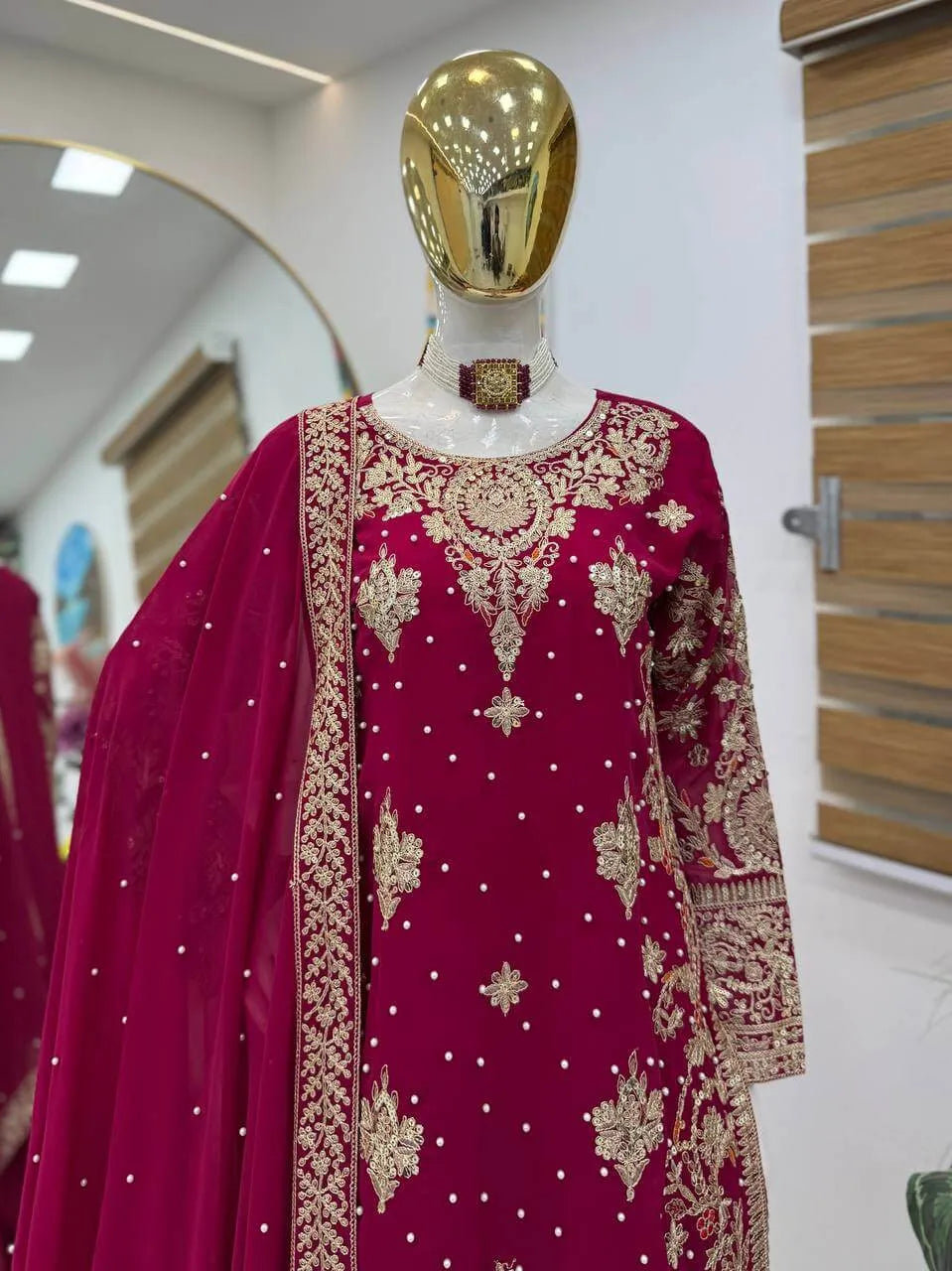 Maroon Fox Georgette Embroidered Palazzo Suit with Dupatta – Heavy Coding Sequence Work | Wedding & Festive Wear