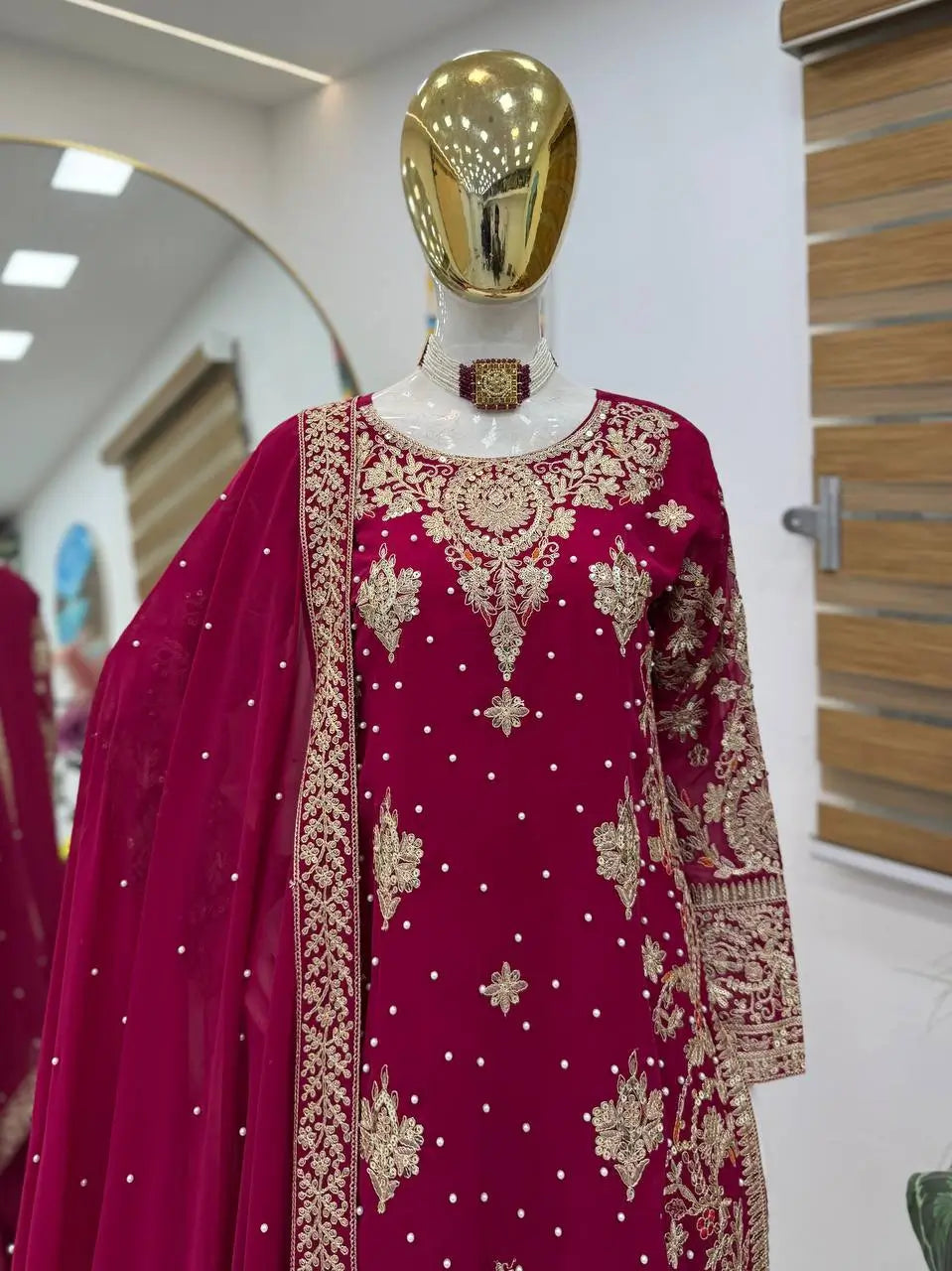 Maroon Fox Georgette Embroidered Palazzo Suit with Dupatta – Heavy Coding Sequence Work | Wedding & Festive Wear