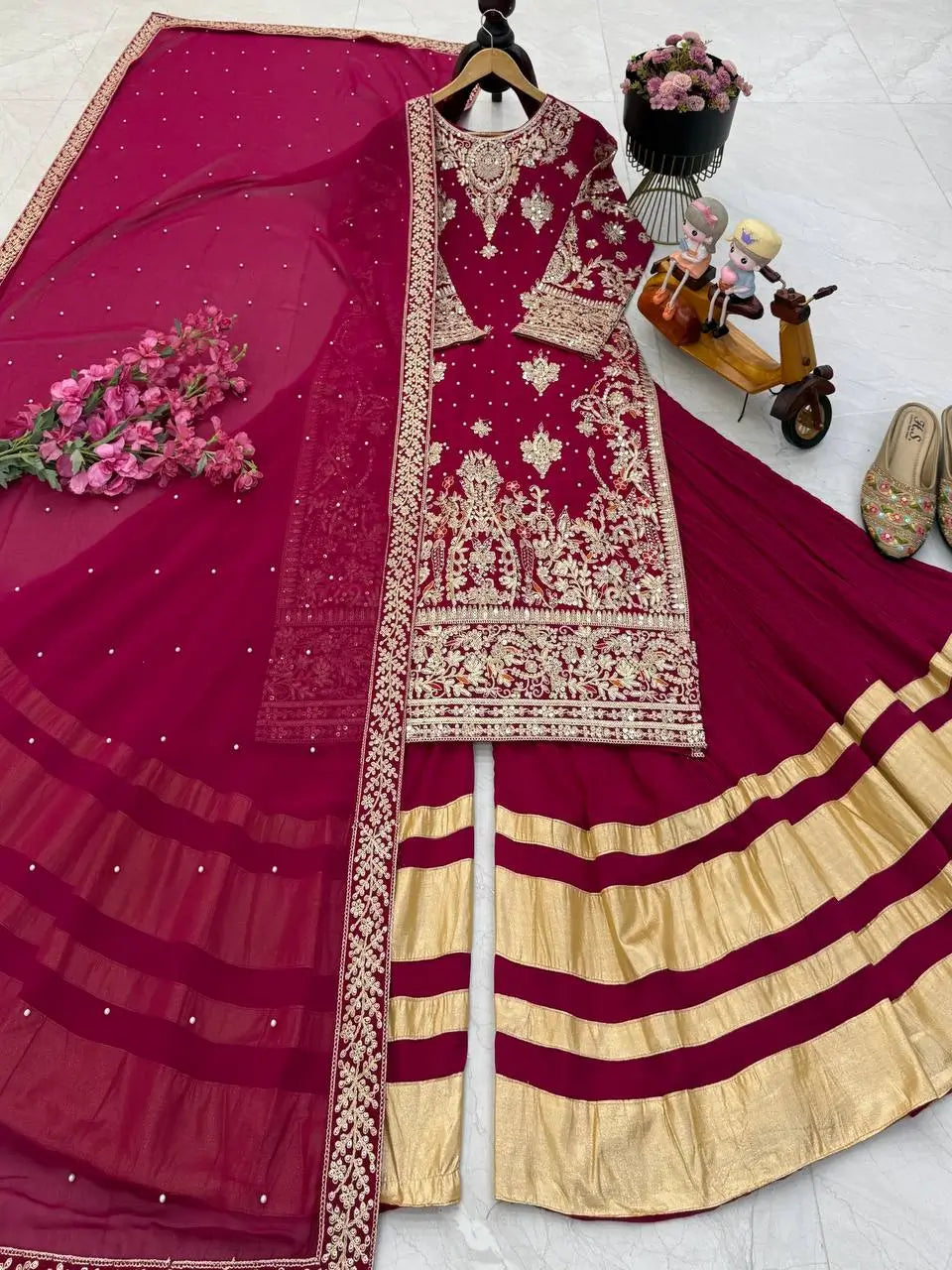 Maroon Fox Georgette Embroidered Palazzo Suit with Dupatta – Heavy Coding Sequence Work | Wedding & Festive Wear
